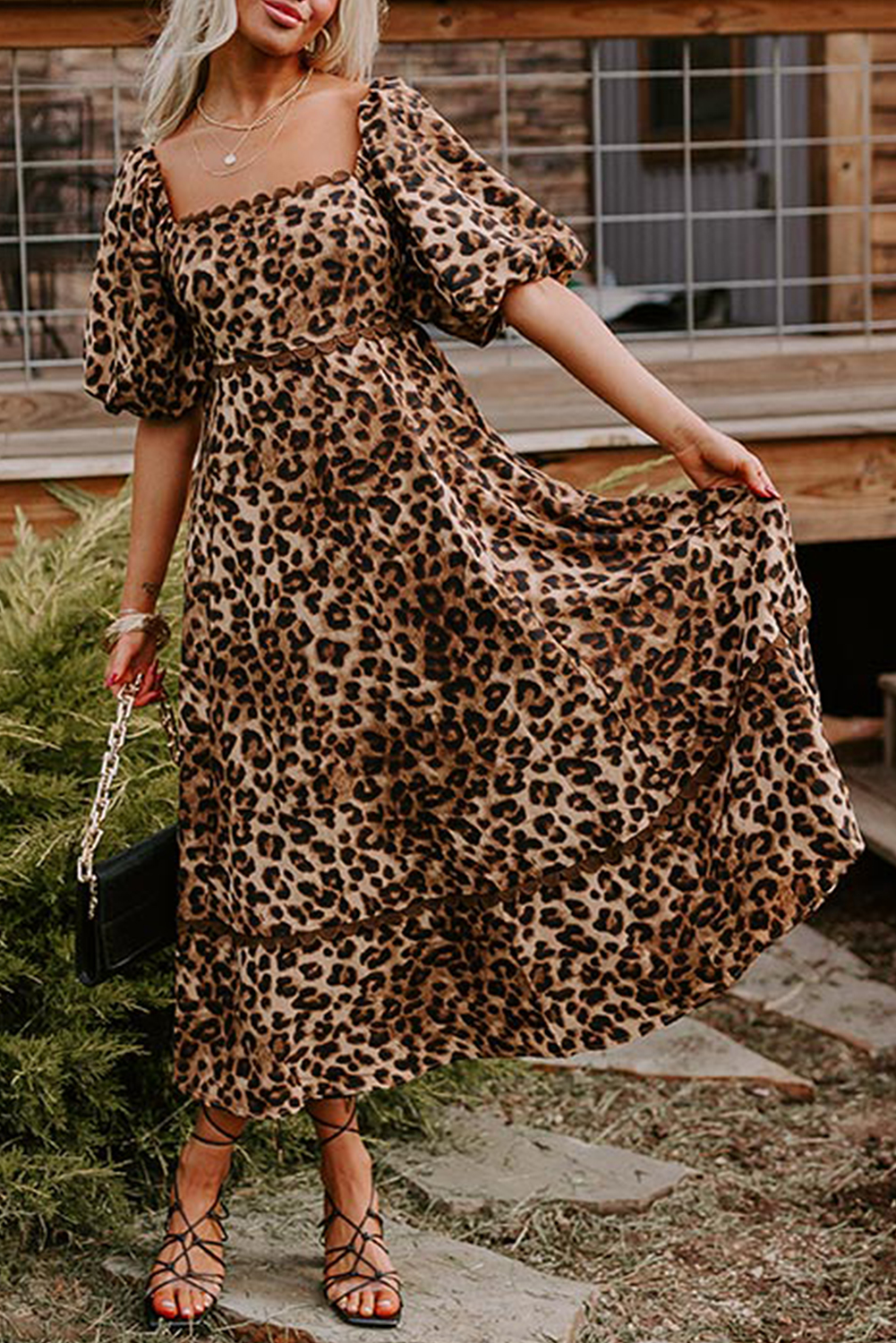 Brown Leopard Print Bubble Sleeve Square Neck Maxi Dress - loveforevers