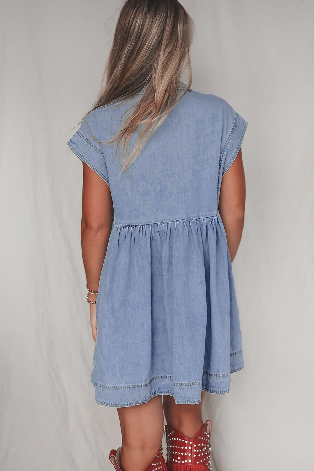 Beau Blue Lapel Neck Cap Sleeve High Waist Denim Babydoll Dress - loveforevers