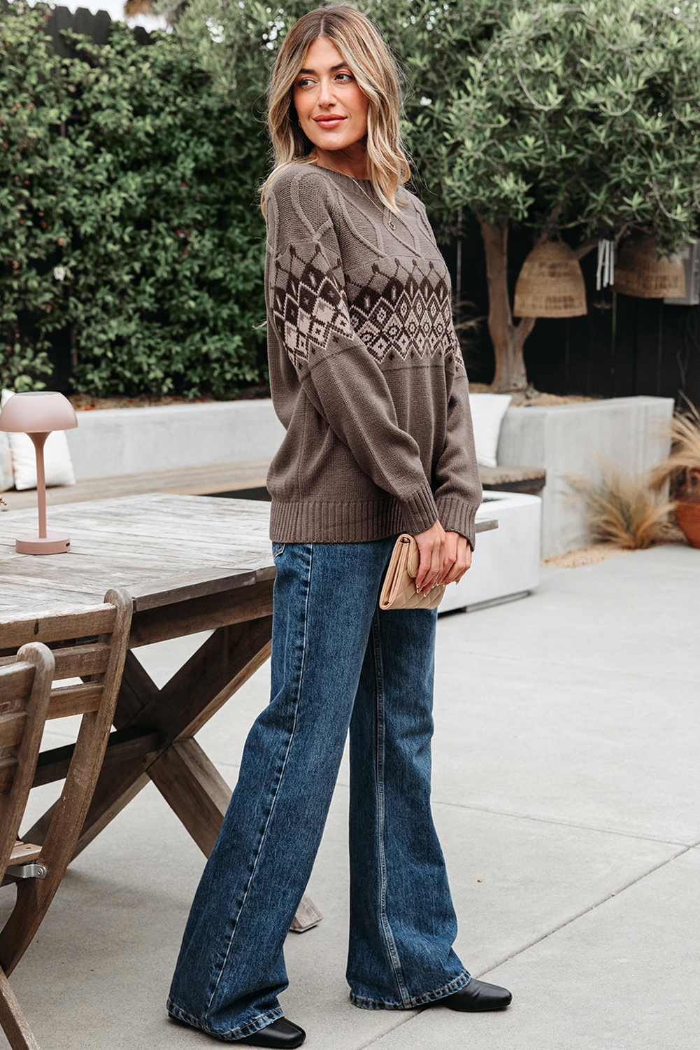 Light French Beige Western Geometric Patterned Crew Neck Knitted Sweater - loveforevers