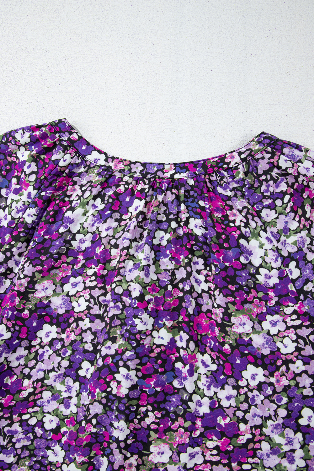 Purple Boho Flower Split V Neck Bubble Sleeve Blouse - loveforevers
