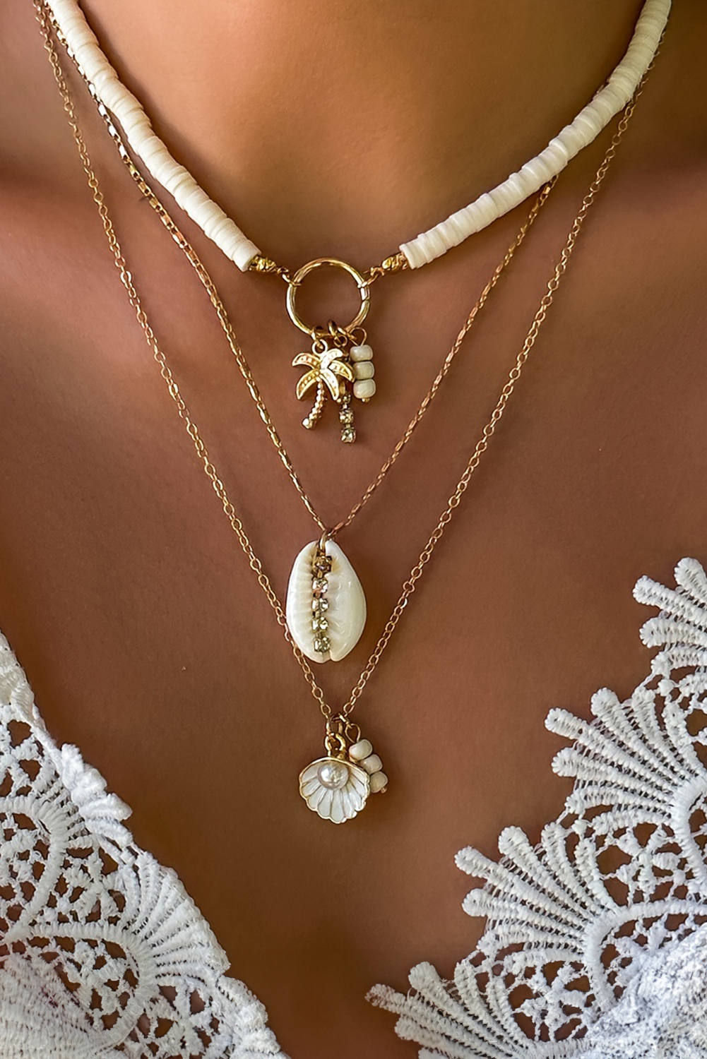 White Beach Seashell Multi Layered Pendant Necklace - loveforevers