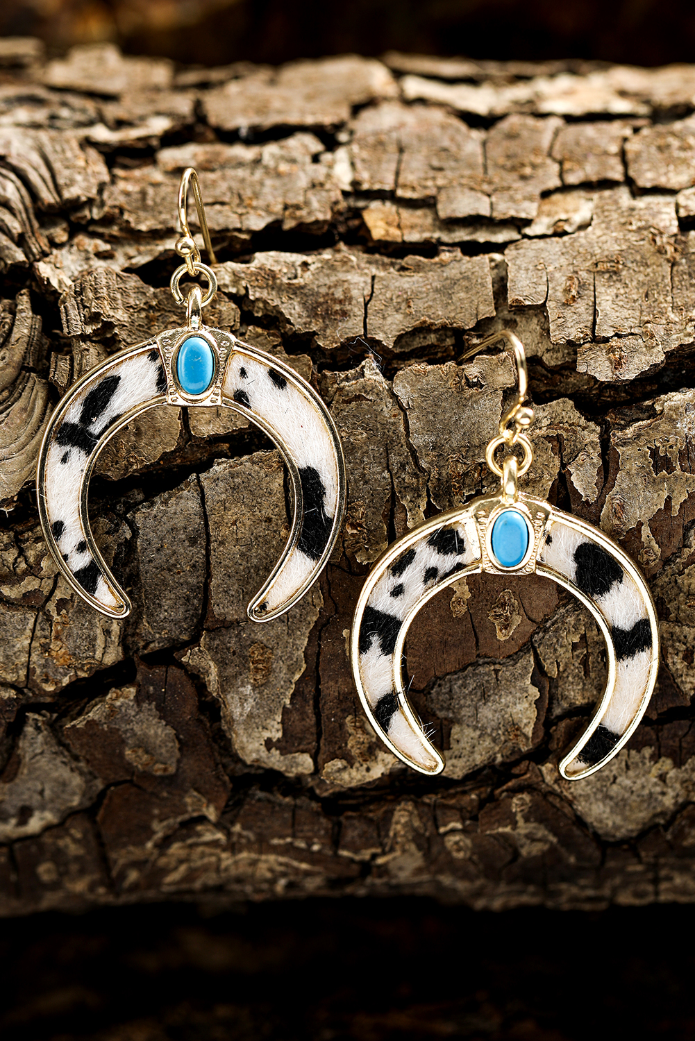 Black Cow Print Turquoise Inlay Crescent Shaped Dangle Earrings - loveforevers