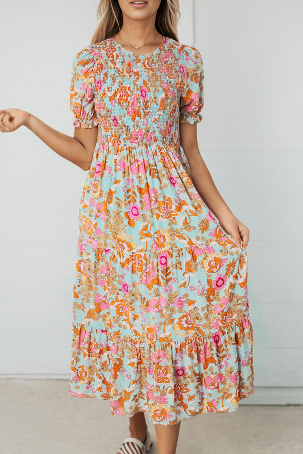 Sky Blue Floral Bubble Sleeve Smocked Flowy Ruffle Dress - loveforevers