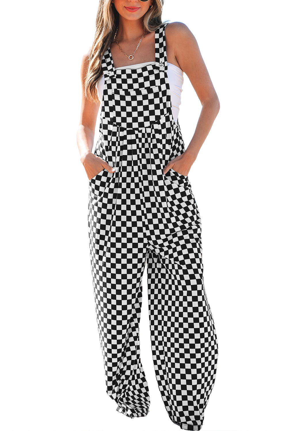 Black Checkered Print Pocketed Wide Leg Jumpsuit - loveforevers