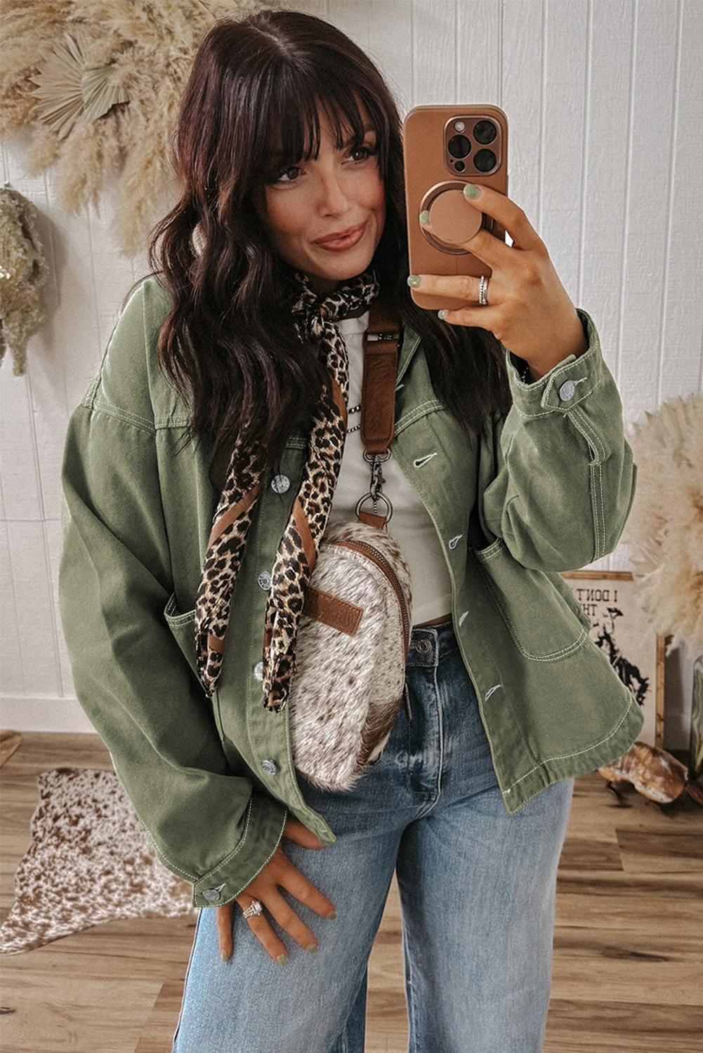 Smoke Green Patched Pocket Collared Button Front Boyfriend Denim Jacket - loveforevers