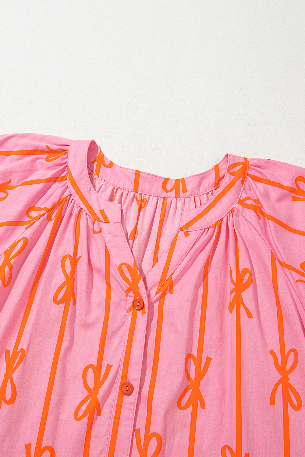 Pink Bowknot Striped Printed Bubble Sleeve Buttoned Belted Mini Dress - loveforevers
