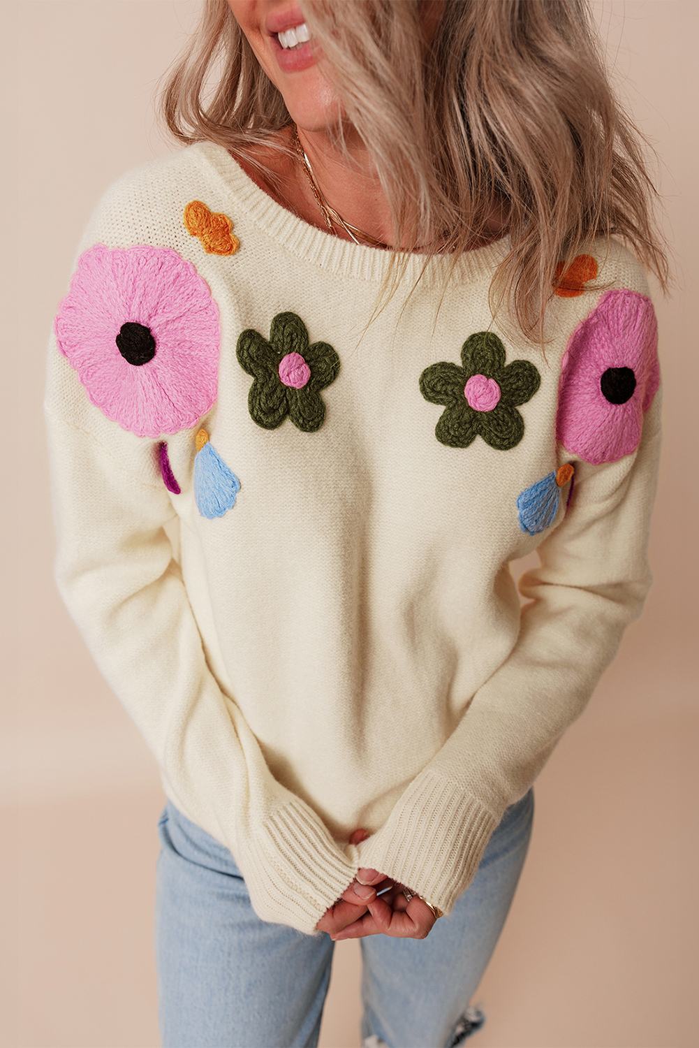 Pink Knitted Flower Pattern Ribbed Edge Sweater - loveforevers