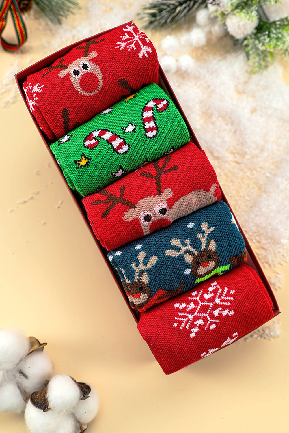 Dearlove Fiery Red 5 Pairs/Set Christmas Cartoon Elk Soft Socks Set with Box - loveforevers