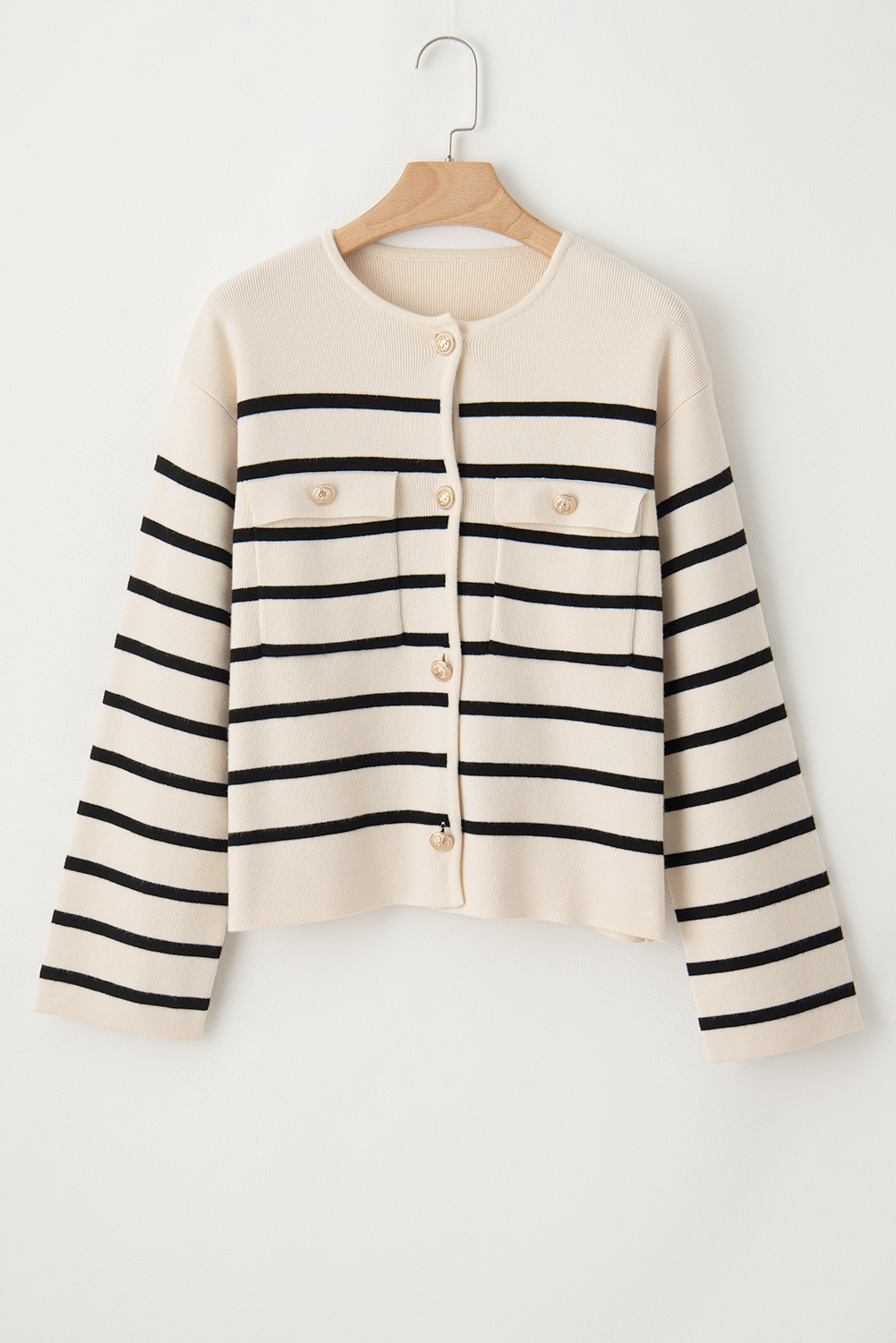 Black Stripe Flap Pocket Buttoned Cardigan Sweater - loveforevers