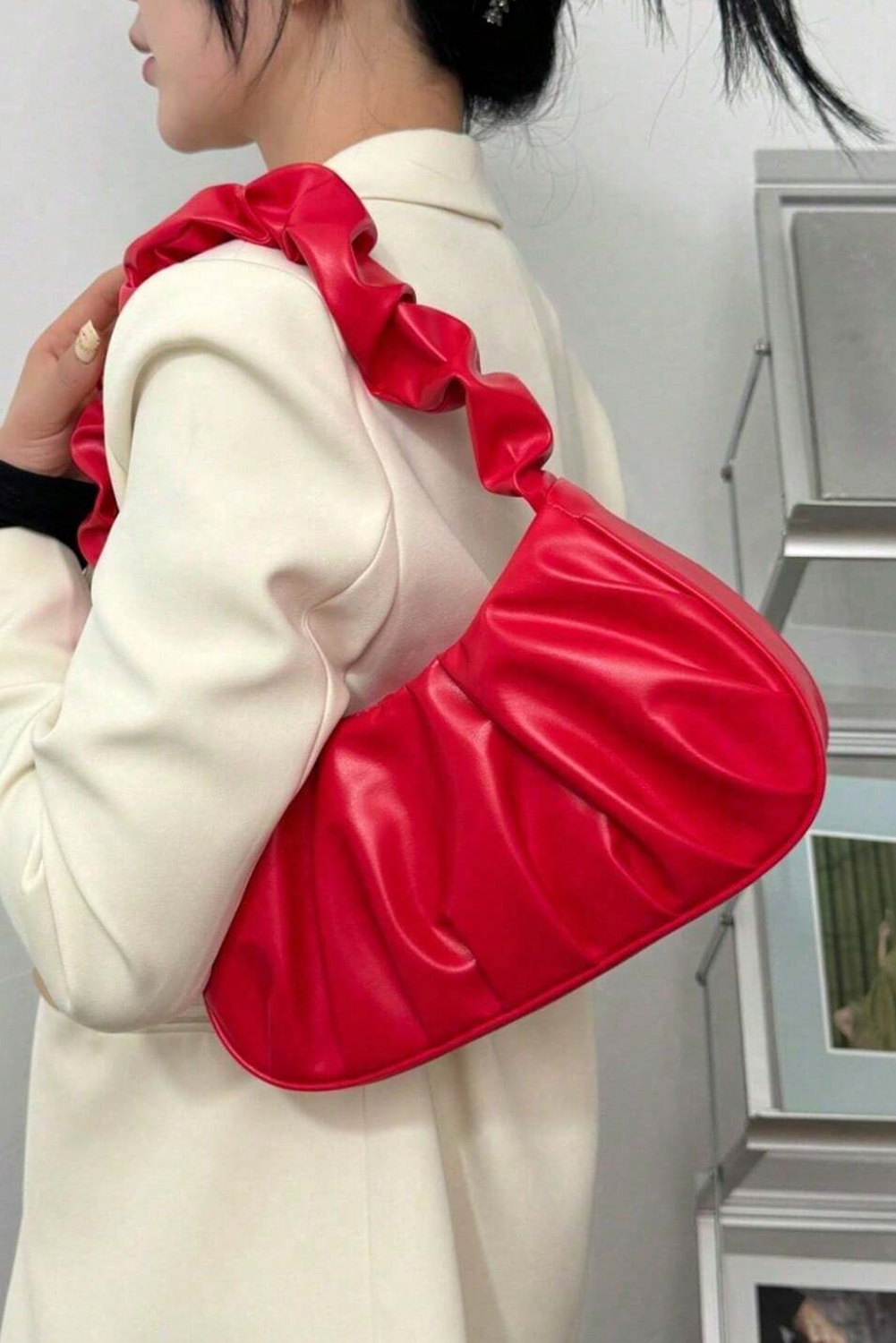 Fiery Red Ruched Faux Leather Shoulder Bag - loveforevers
