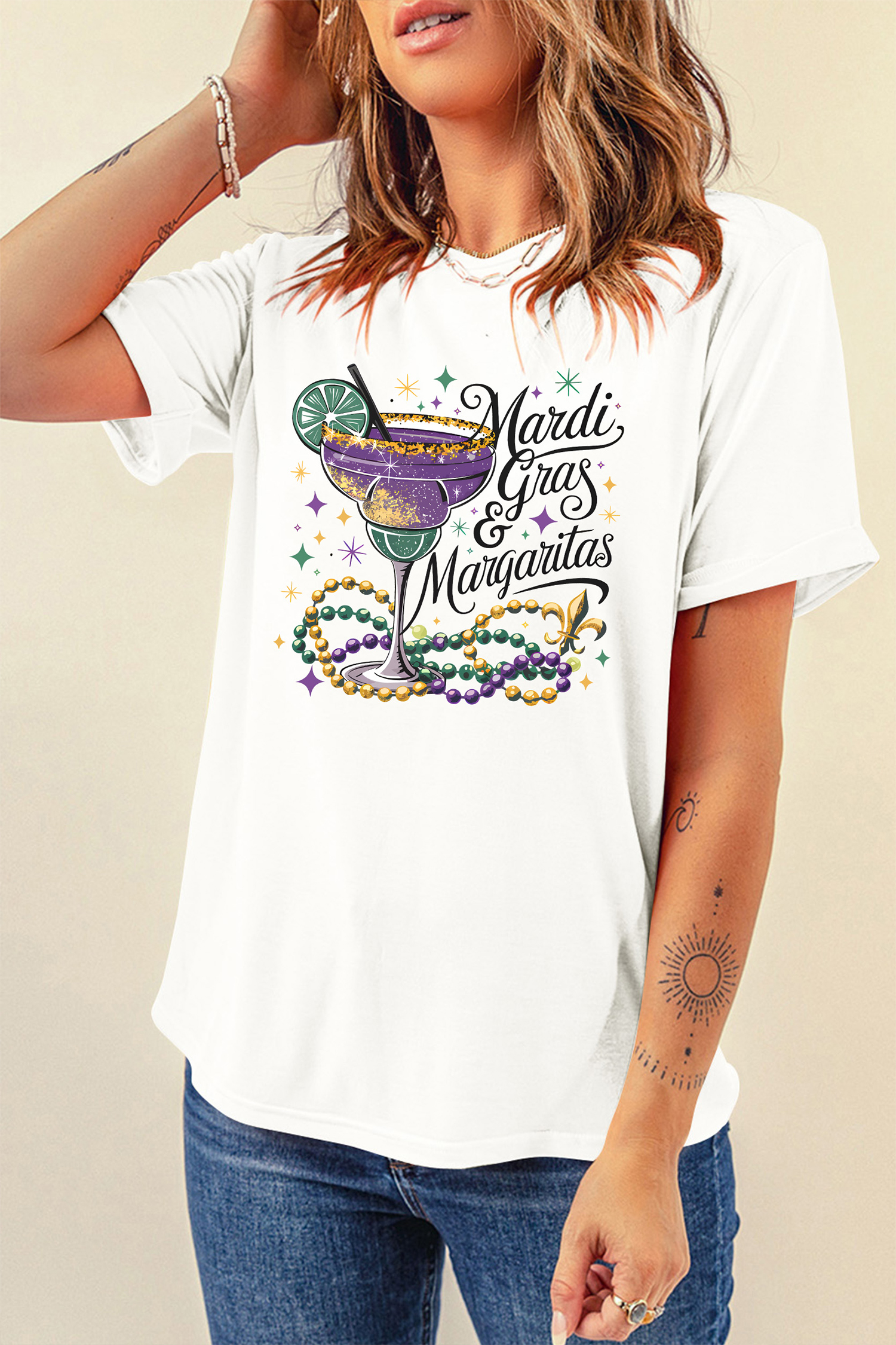 White Mardi Gras Margaritas Cheerful Graphic Tee - loveforevers