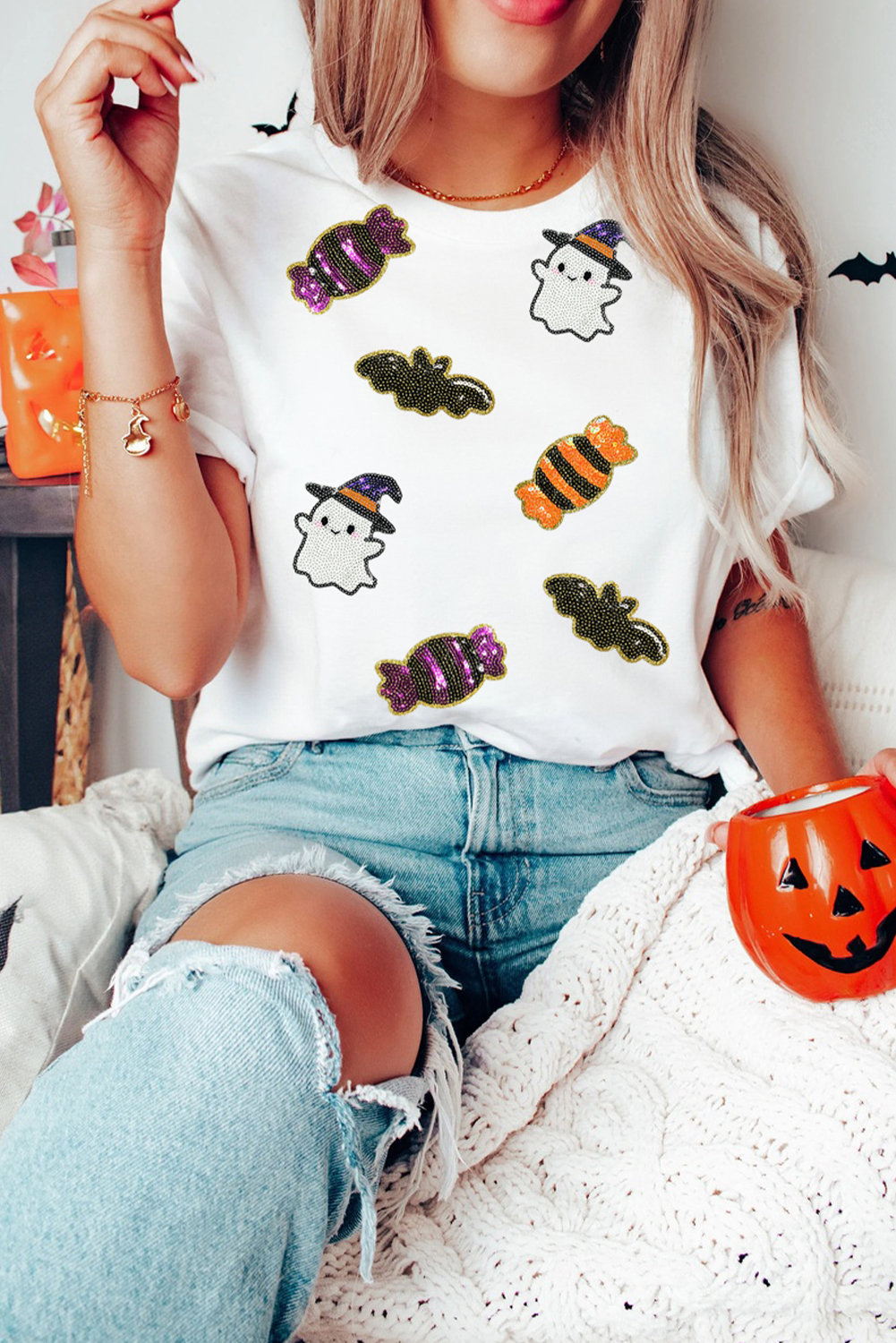 White Sequined Halloween Spirit Pattern Patched Custom Casual Tee - loveforevers