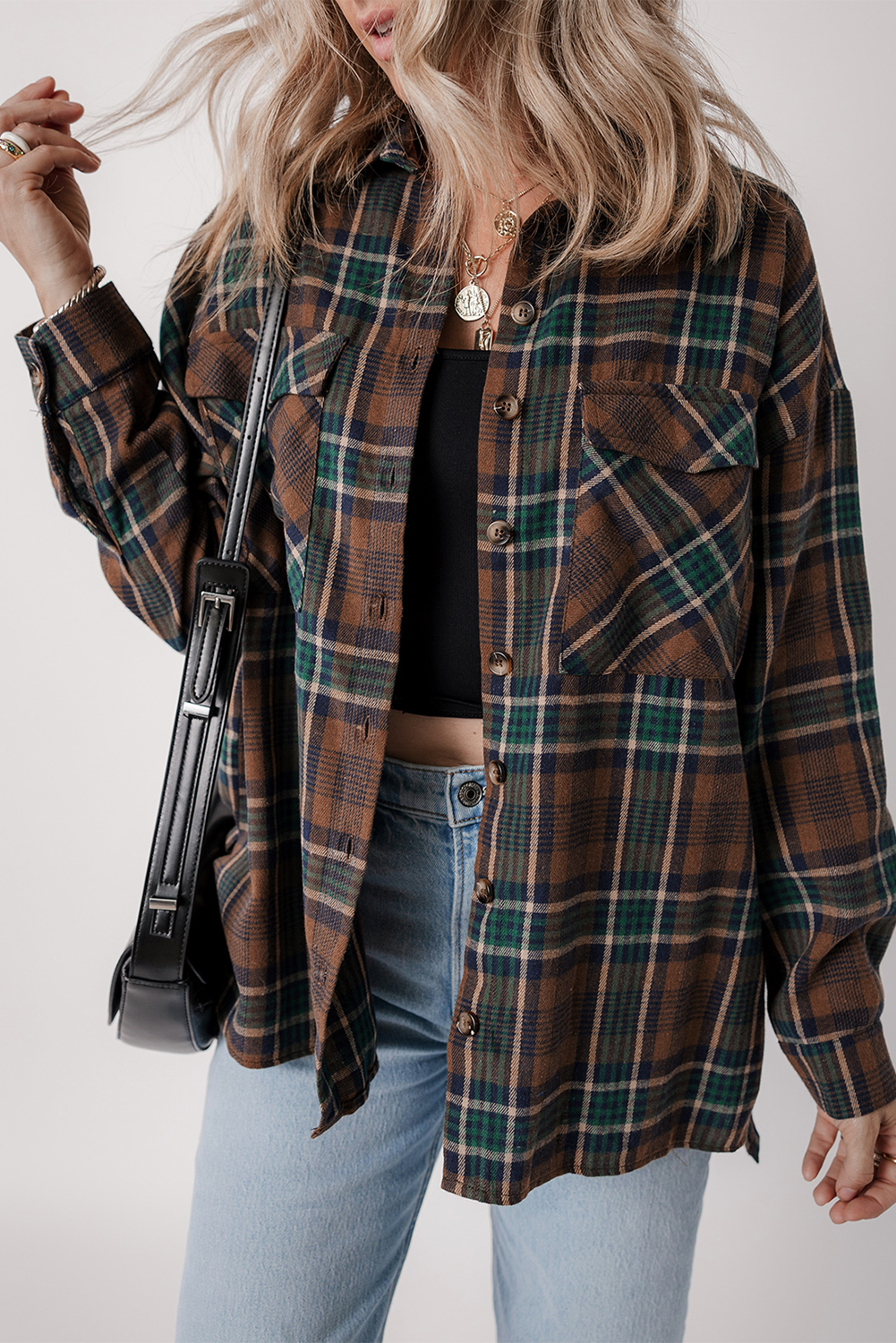 Brown Plaid Print Chest Pockets Buttoned Shirt Jacket - loveforevers