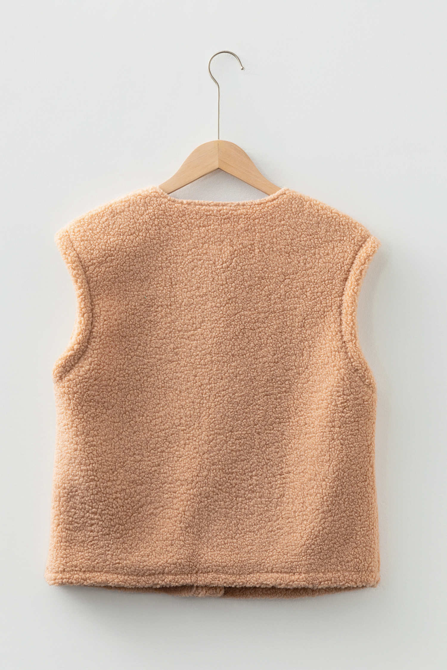 Light French Beige Big Button Accent Fuzzy Pocket Vest - loveforevers