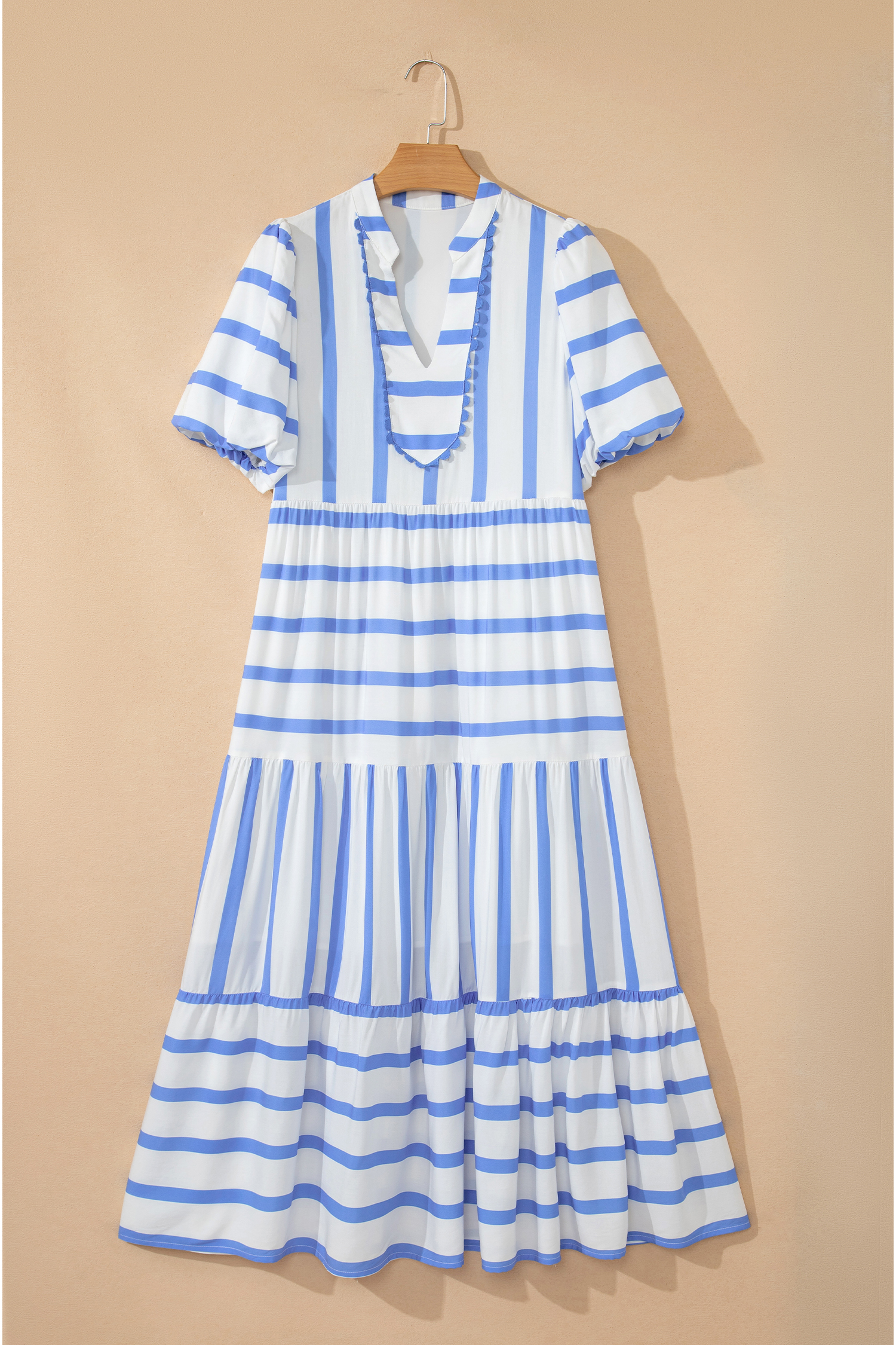 Sky Blue Stripe Ricrac Trim Notched Neck Half Sleeve Vacation Dress - loveforevers