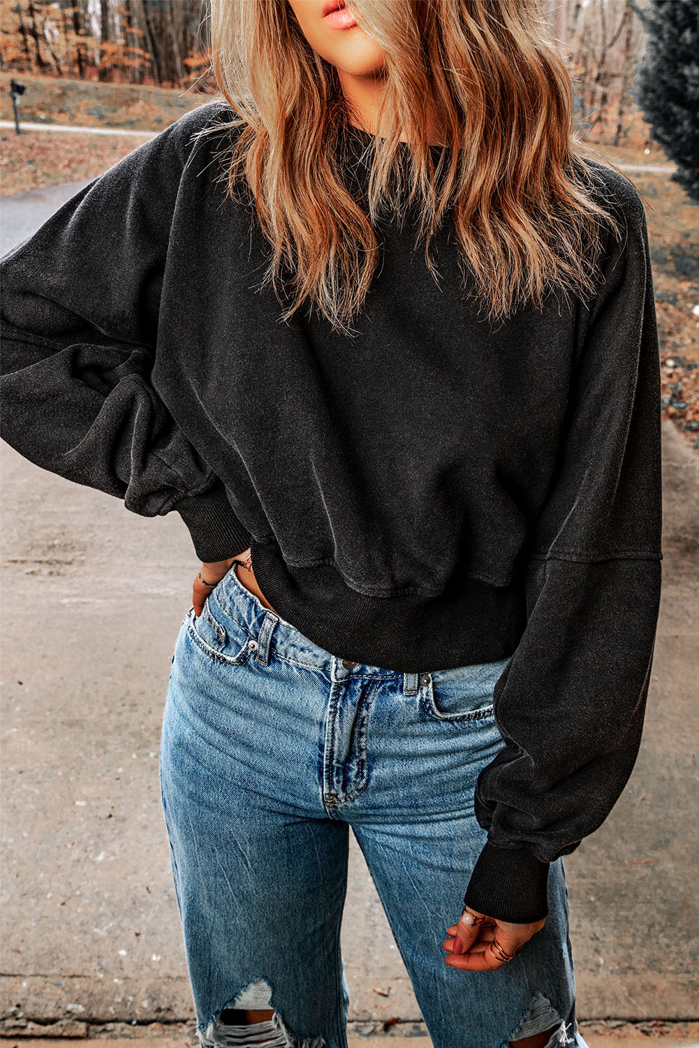 Black Acid Wash V-shape Open Back Sweatshirt - loveforevers