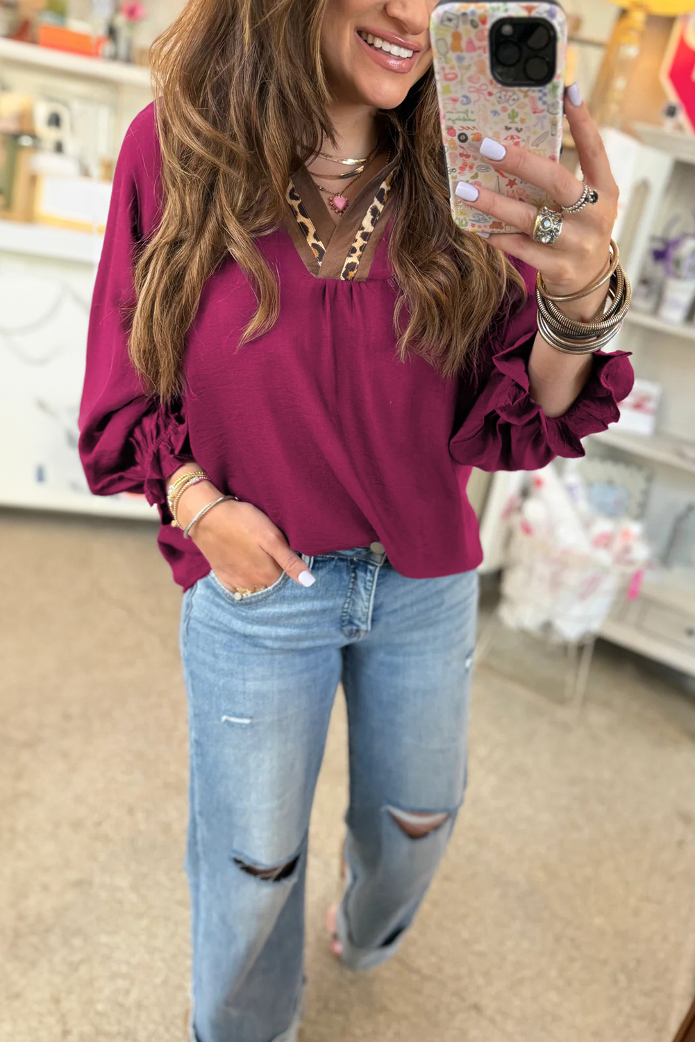 Dirty blue Leopard Trim V Neck Flounced Bracelet Sleeve Blouse - loveforevers