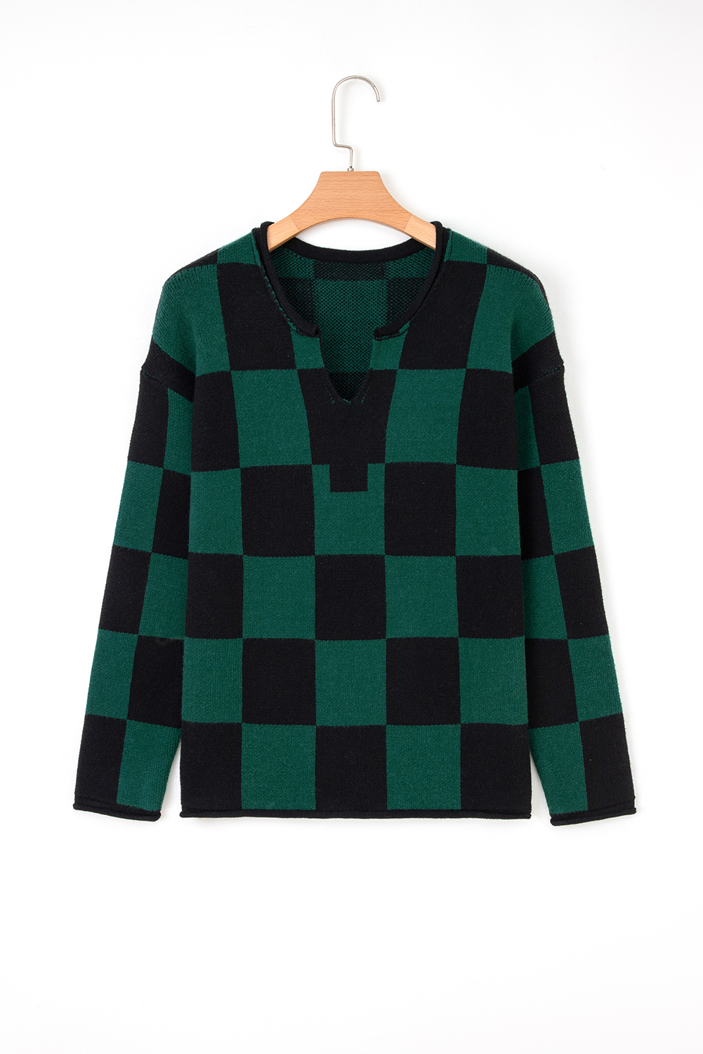 Black Checked Notched Neckline Drop Shoulder Knit Sweater - loveforevers