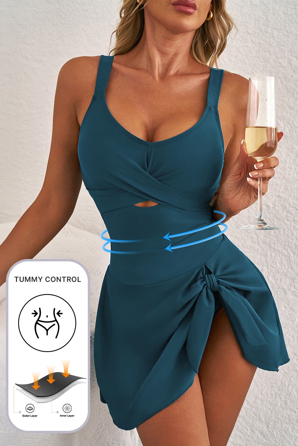 Sea Green Adjustable Straps Cutout Ruched Knot Slit One Piece Swim Dress - loveforevers