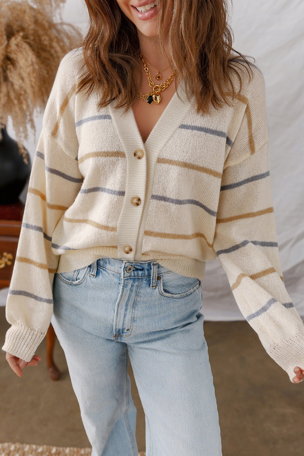 Multicolour Striped Buttoned Front V Neck Drop Shoulder Cardigan Sweater - loveforevers
