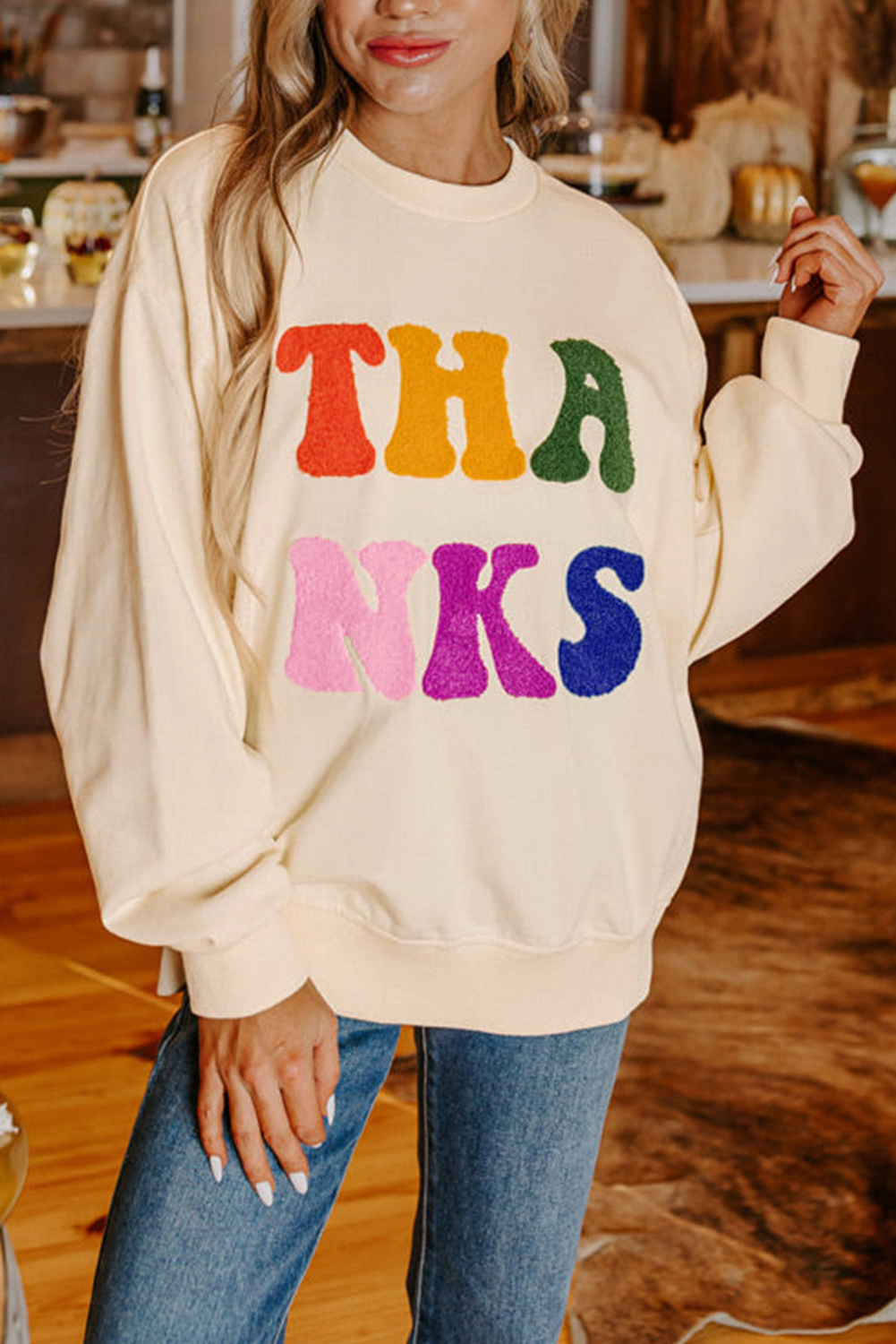 Apricot THANKS Chenille Embroidered Drop Shoulder Graphic Sweatshirt - loveforevers