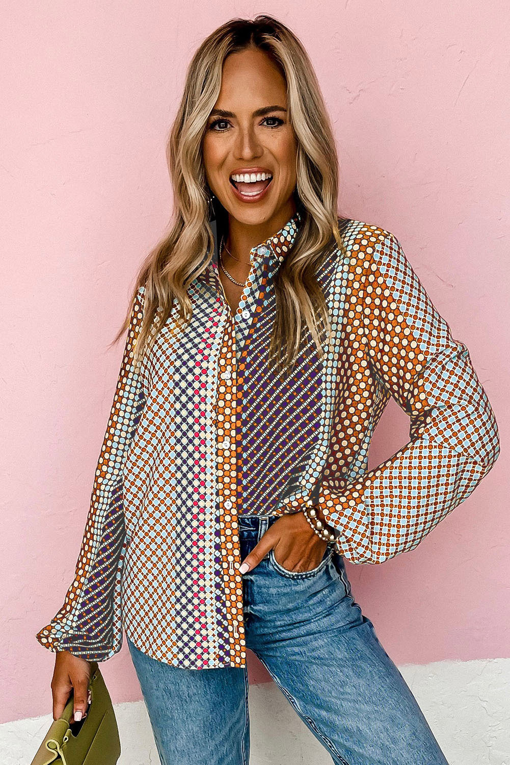 Brown Dot Print Long Sleeve Button Down Shift Shirt - loveforevers