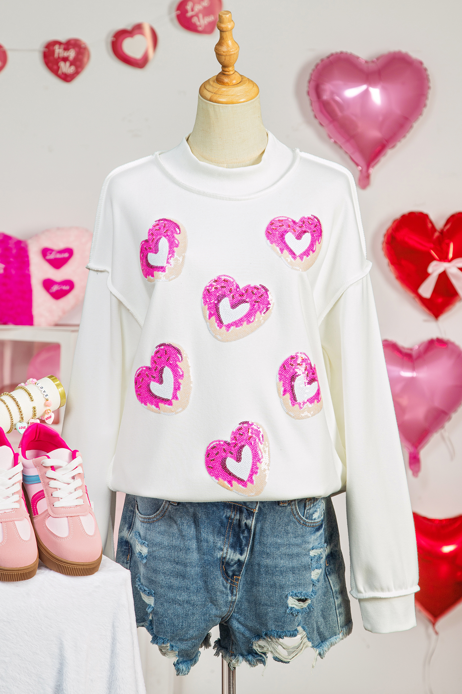 White Reversible Double Wear Sequin Donut Heart Graphic Mock Neck Sweatshirt - loveforevers