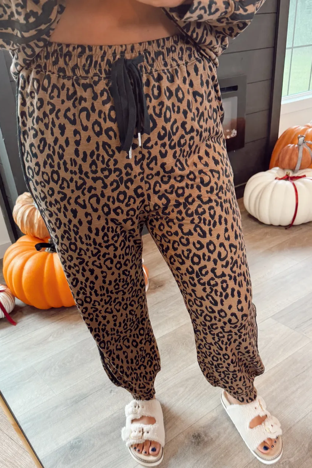 Brown Varsity Striped Trim Leopard Long Sleeve Top Drawstring Pant Set - loveforevers