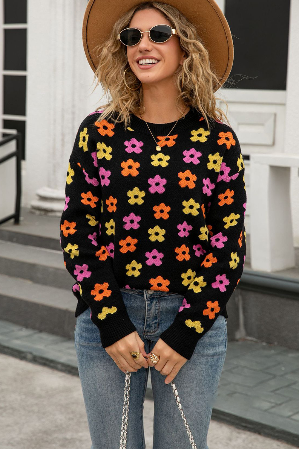 Apricot Cute Flower Allover Ribbed Trimmed Drop Shoulder Pullover Sweater - loveforevers