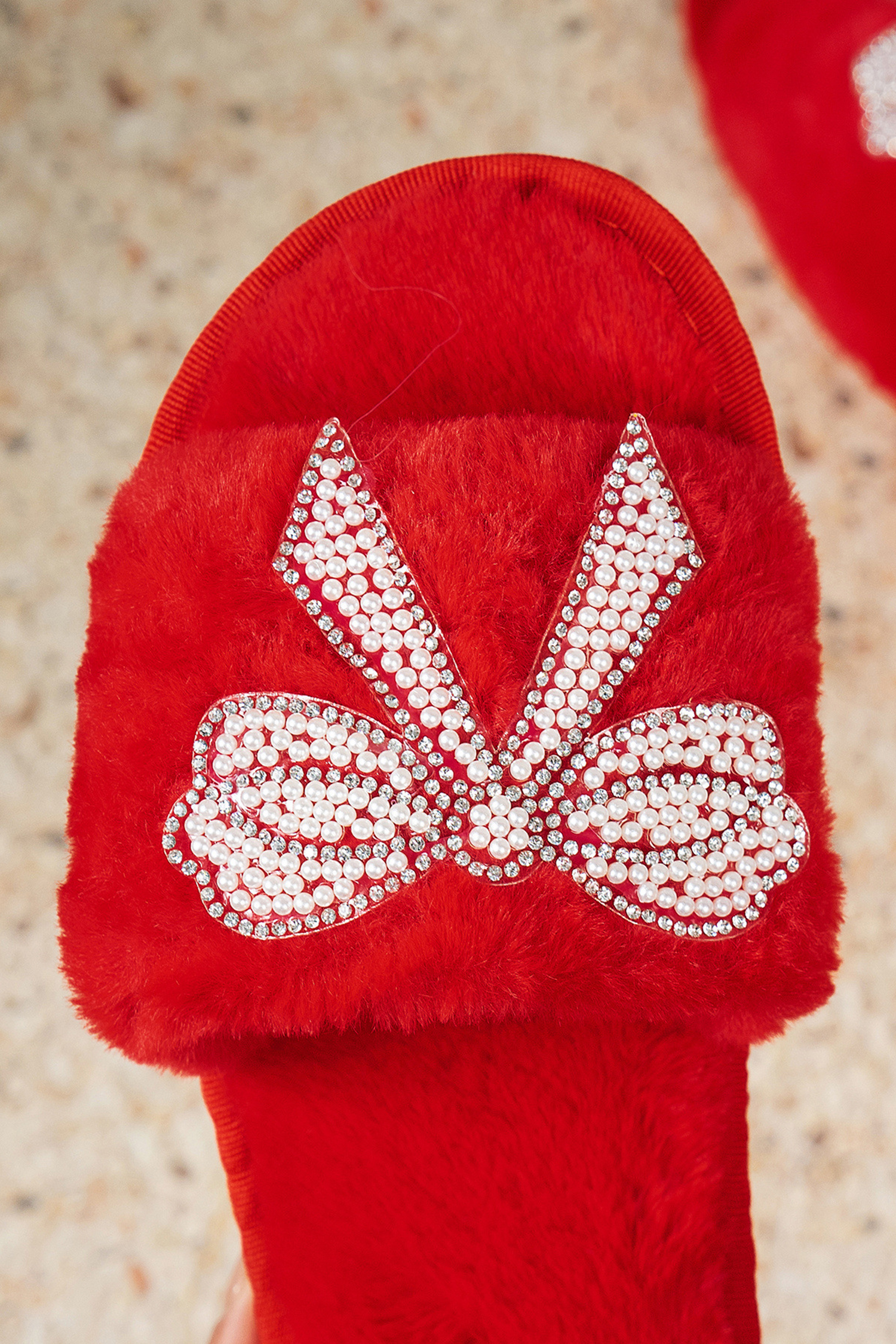 Fiery Red Pearl Rhinestone Embellished Bow Open Toe Plush Slippers - loveforevers