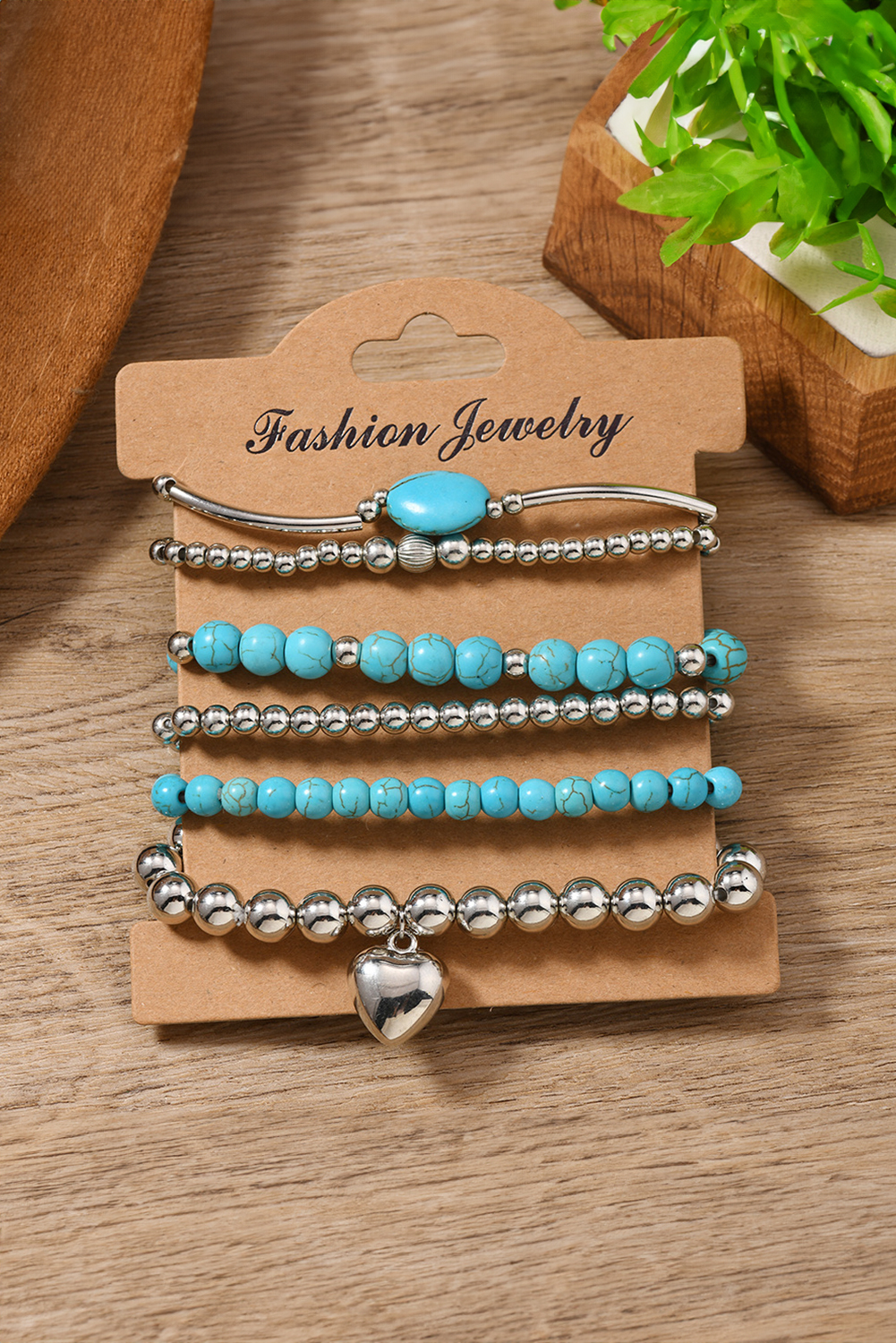 Silvery Pleated Heart Charm Beaded Turquoise Multilayer 6pcs Bracelet Set - loveforevers