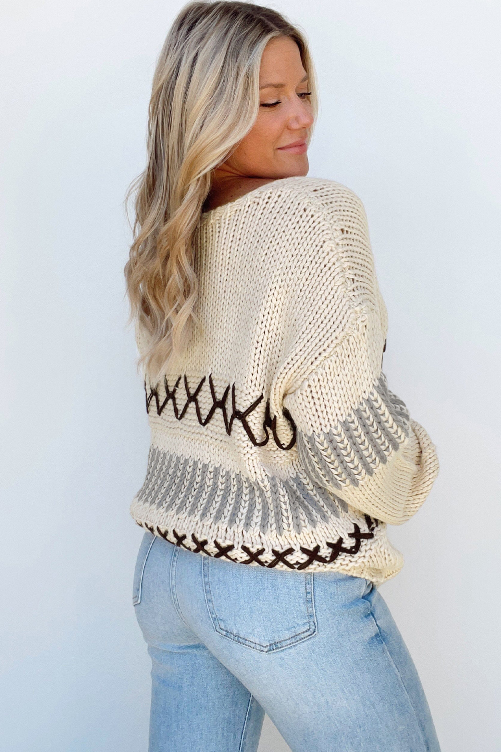 Parchment Contrast Stitch Detail V Neck Drop Shoulder Sweater - loveforevers