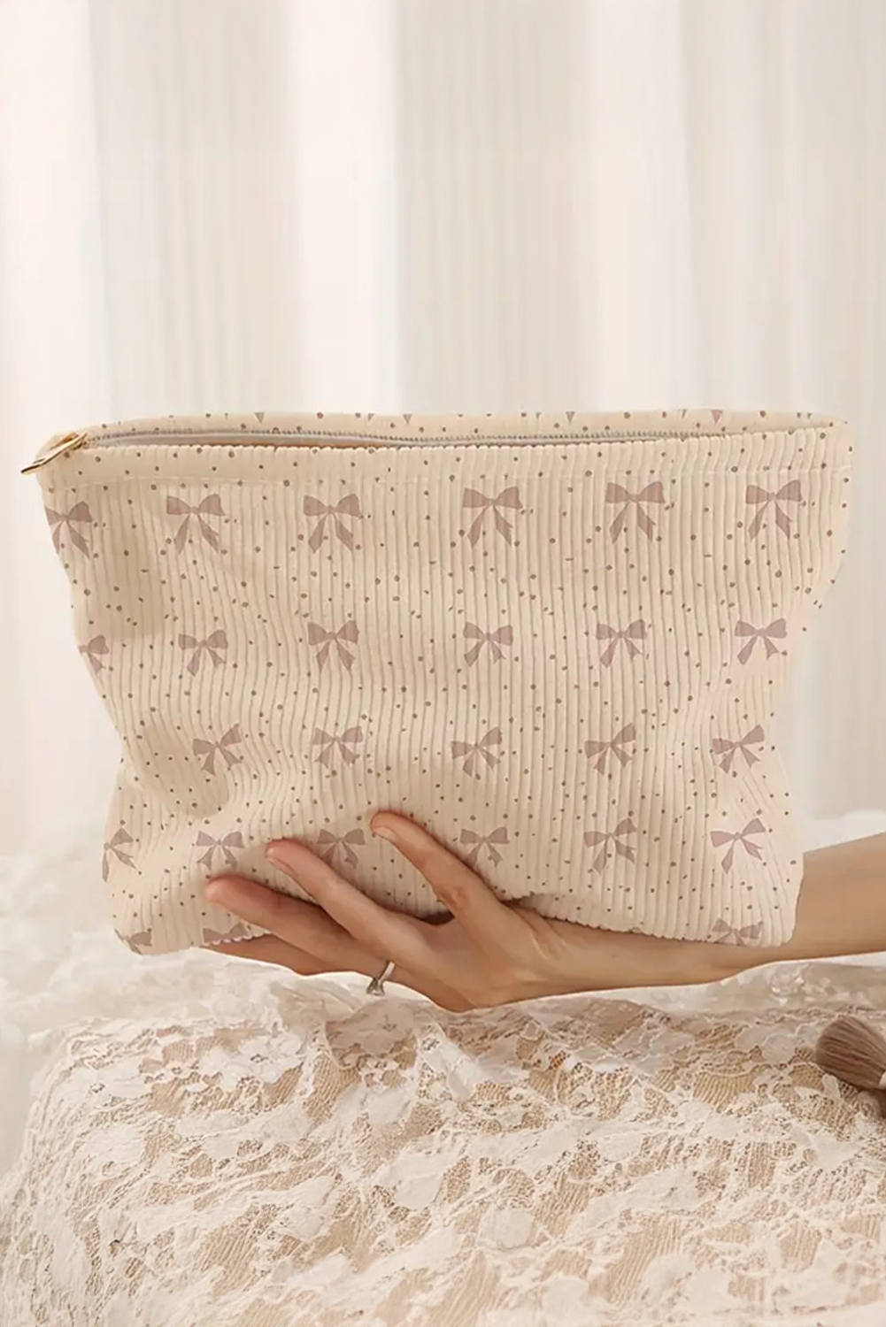 Parchment Bow Knot Dot Print Zipper Corduroy Cosmetic Bag - loveforevers