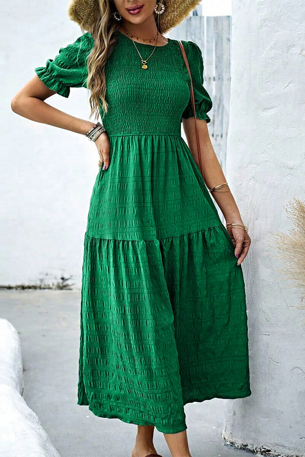 Dark Green Textured Ruffled Sleeve Round Neck Top - loveforevers