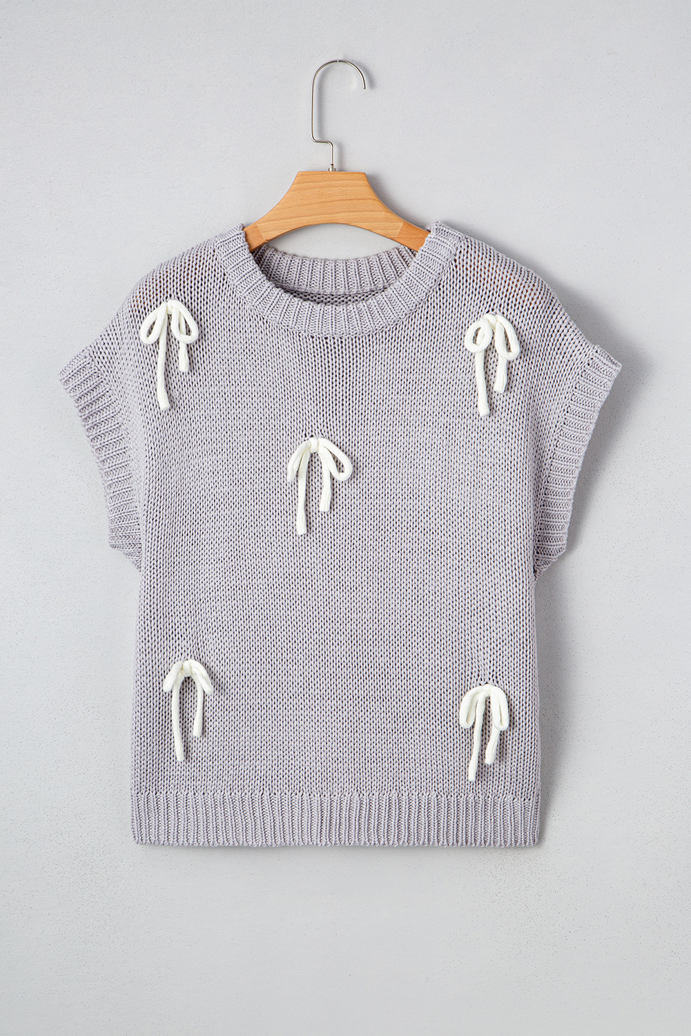 Light Grey Bowknot Applique Cap Sleeve Sweater - loveforevers