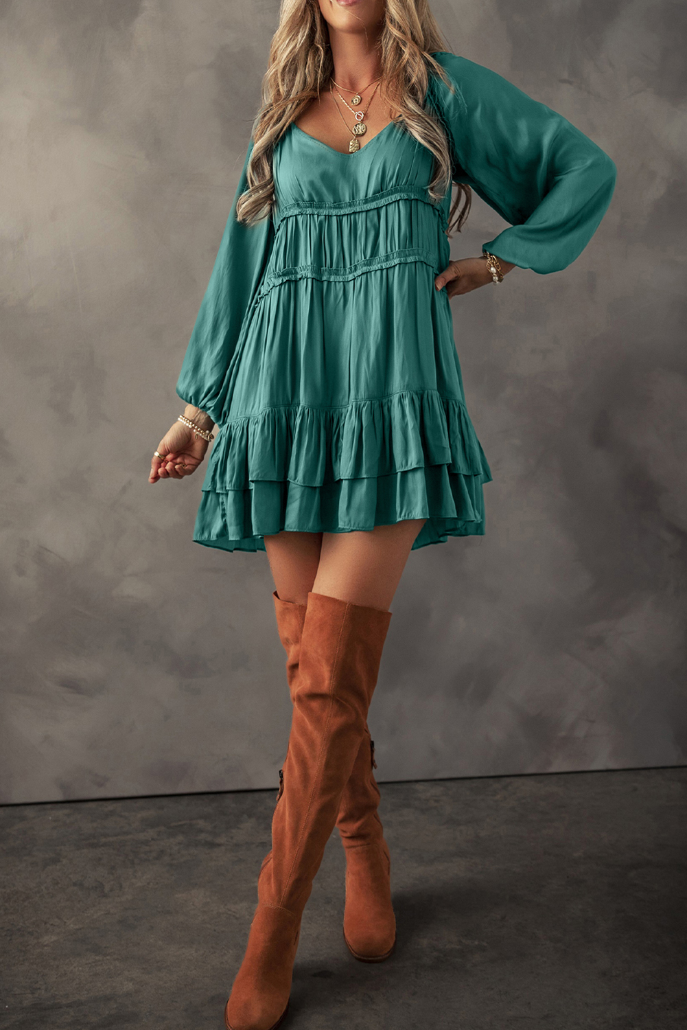 Mist Green Tiered Ruffled Puff Sleeve Loose Fit Mini Dress - loveforevers