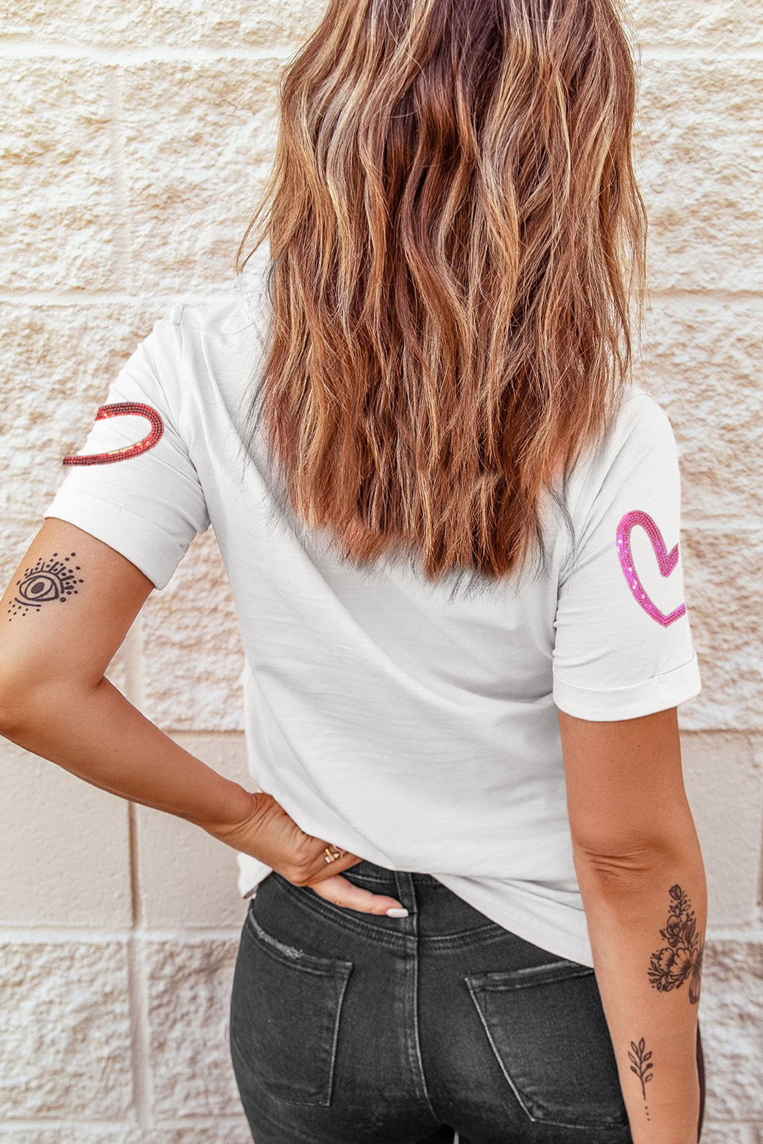White Sequin Heart Sketch Graphic Womens Casual Tee - loveforevers