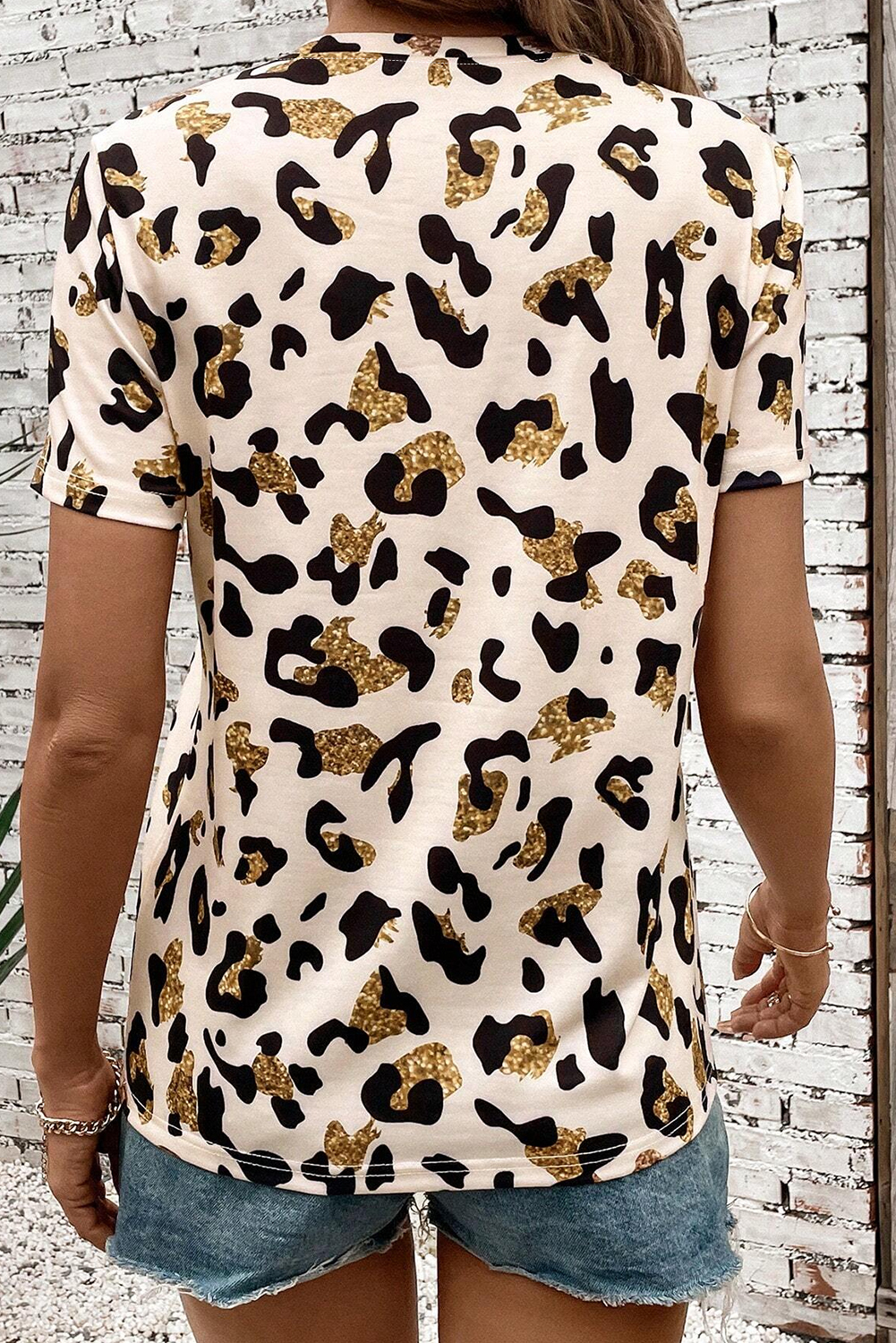 Apricot Leopard Print Round Neck Casual T Shirt - loveforevers