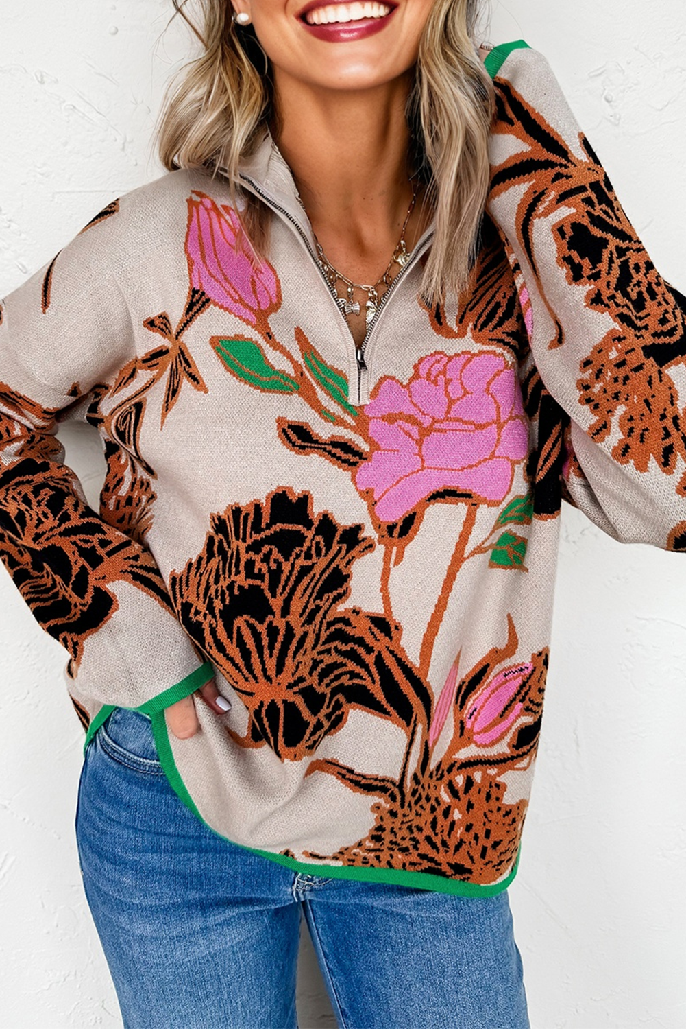 Khaki Floral Pattern Knit Quarter Zip Stand Neck Sweater - loveforevers