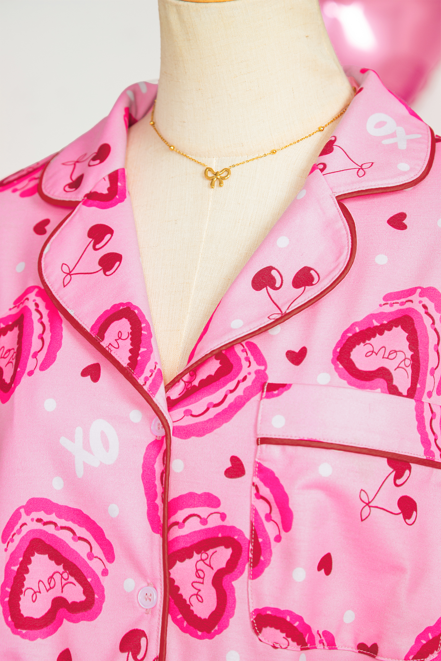 Pink Sweet Heart Cake Print Contrast Ruffle Trim Valentines 2pcs Pajama Set - loveforevers