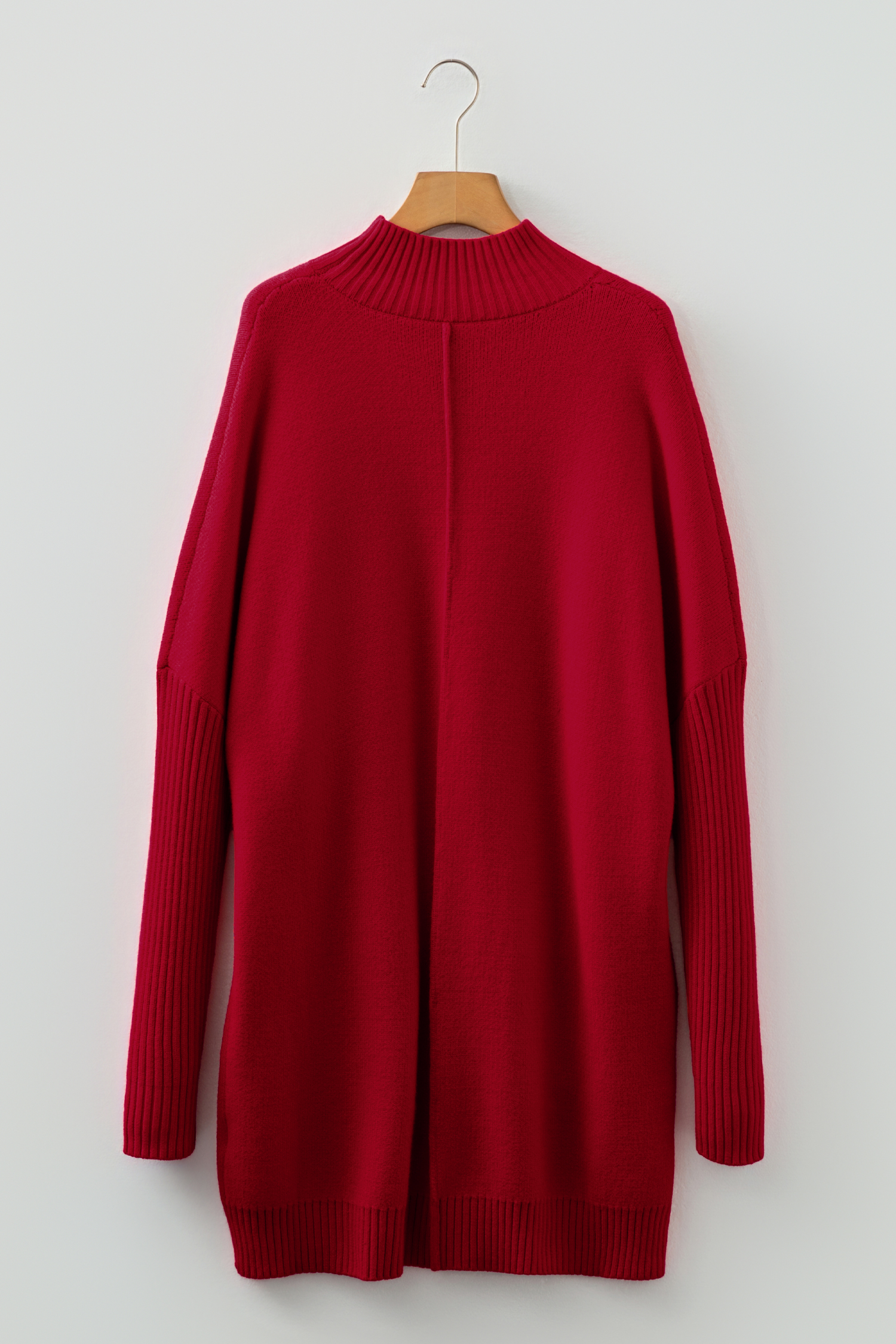 Fiery Red Ribbed High Neck Front Pockets Center Seam Shift Sweater Dress - loveforevers
