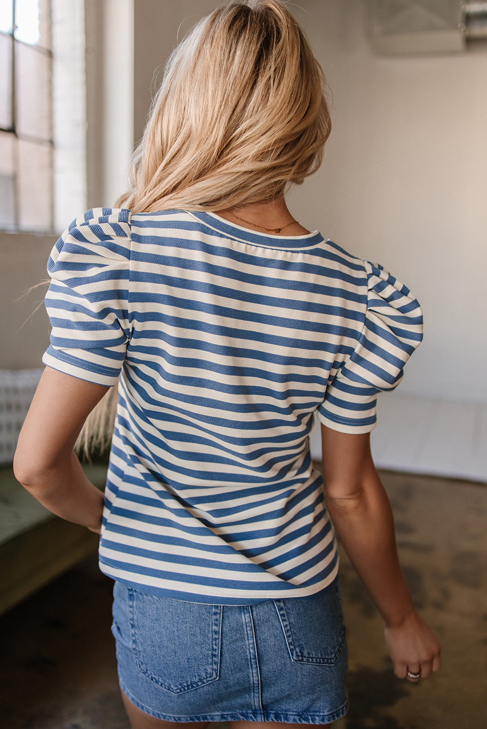 Blue Stripe America Cursive Graphic Puff Sleeve T-shirt - loveforevers
