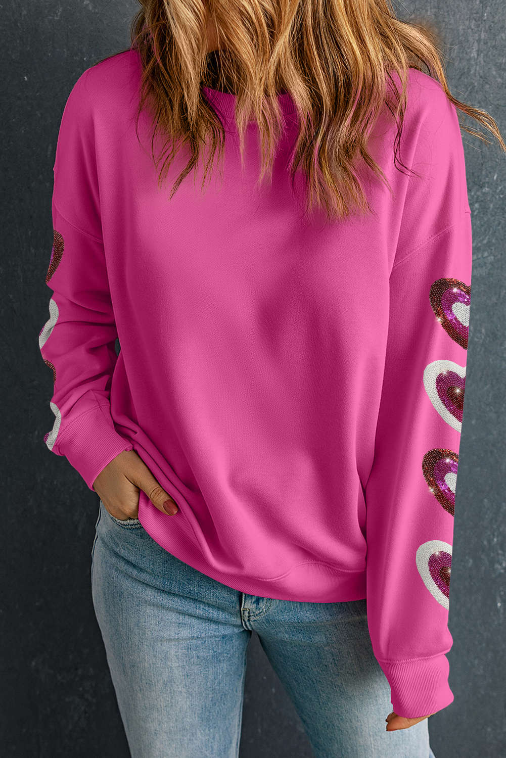 Bonbon Sequined Heart Patched Drop Shoulder Valentines Sweatshirt - loveforevers