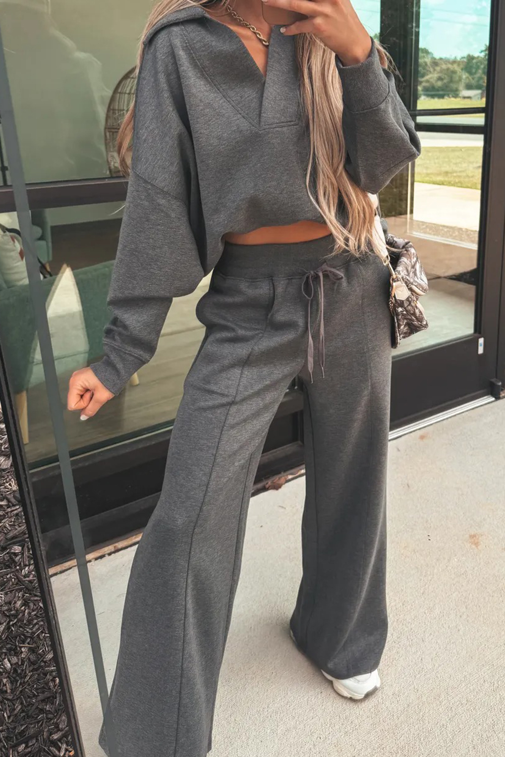 Bristol Black Collared V Neck Pullover Sweatshirt Sweatpants Set - loveforevers