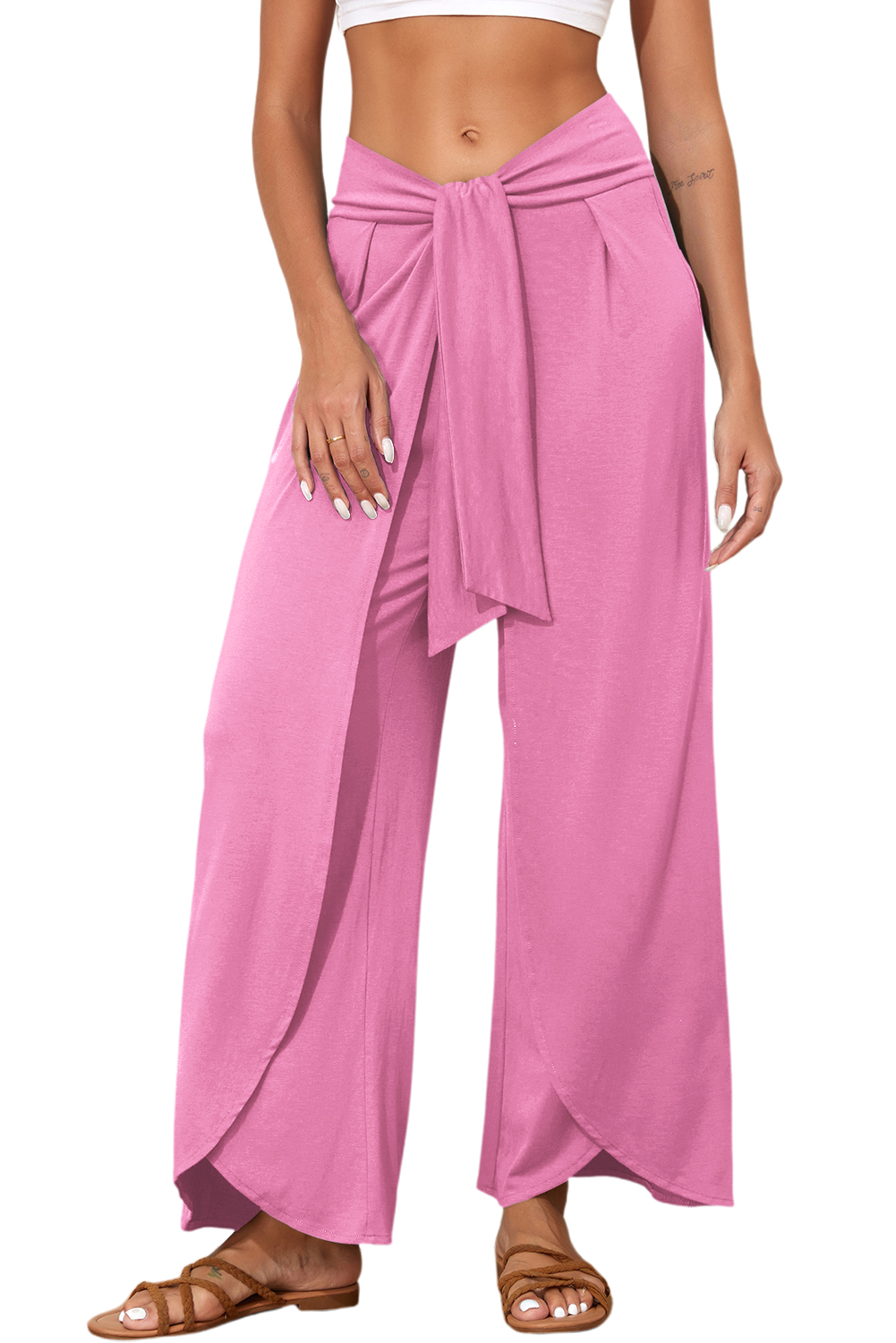 Medium Grey Knotted Drop Waist Split Leg Relaxed Pants - loveforevers