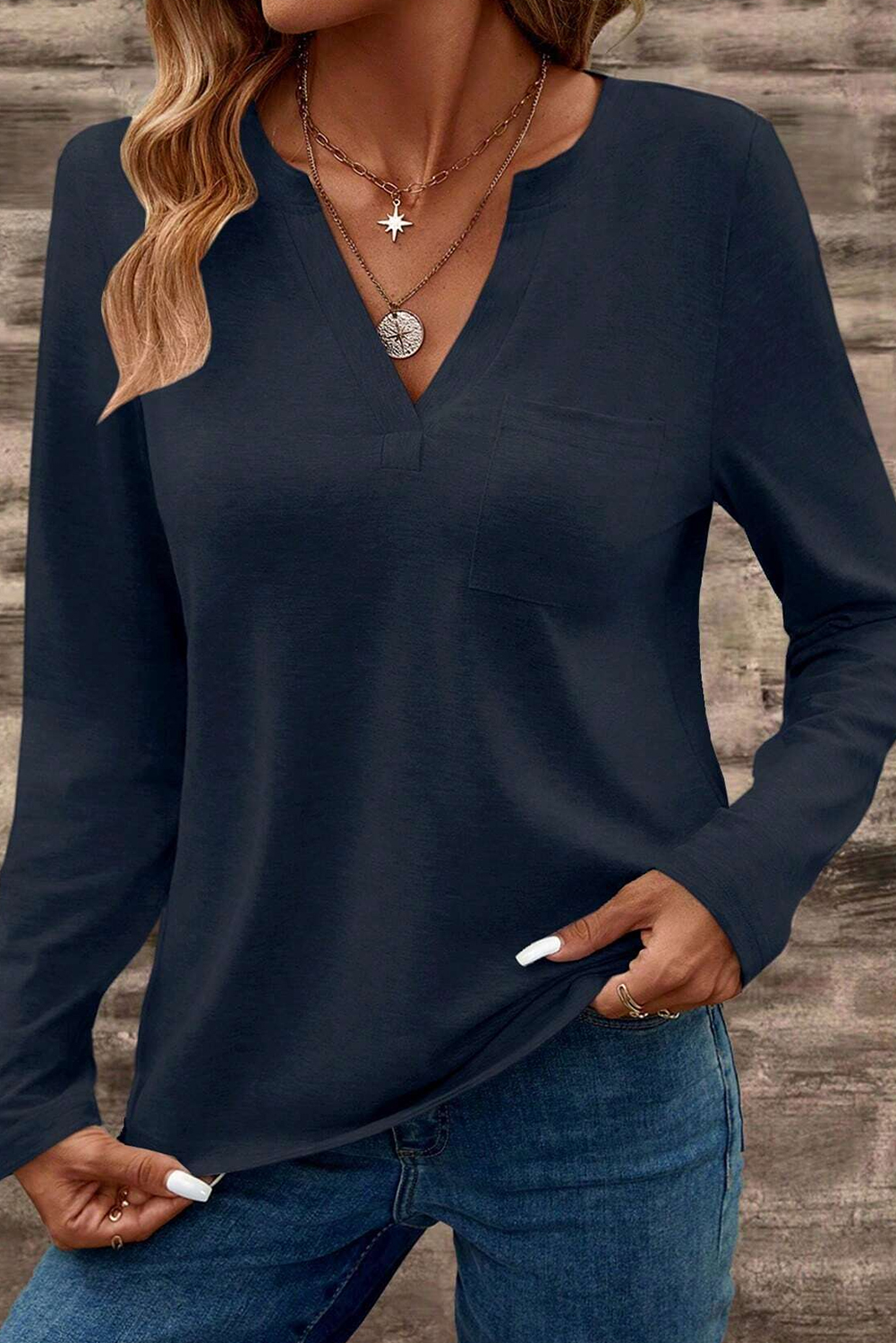Dirty blue Notch V Neck Pocket Patched Long Sleeve T Shirt - loveforevers
