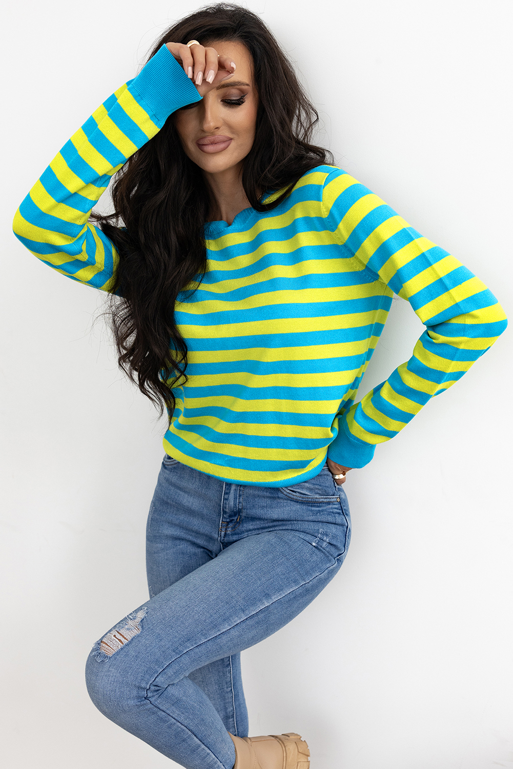 Green Stripe Crew Neck Drop Shoulder Casual Sweater - loveforevers