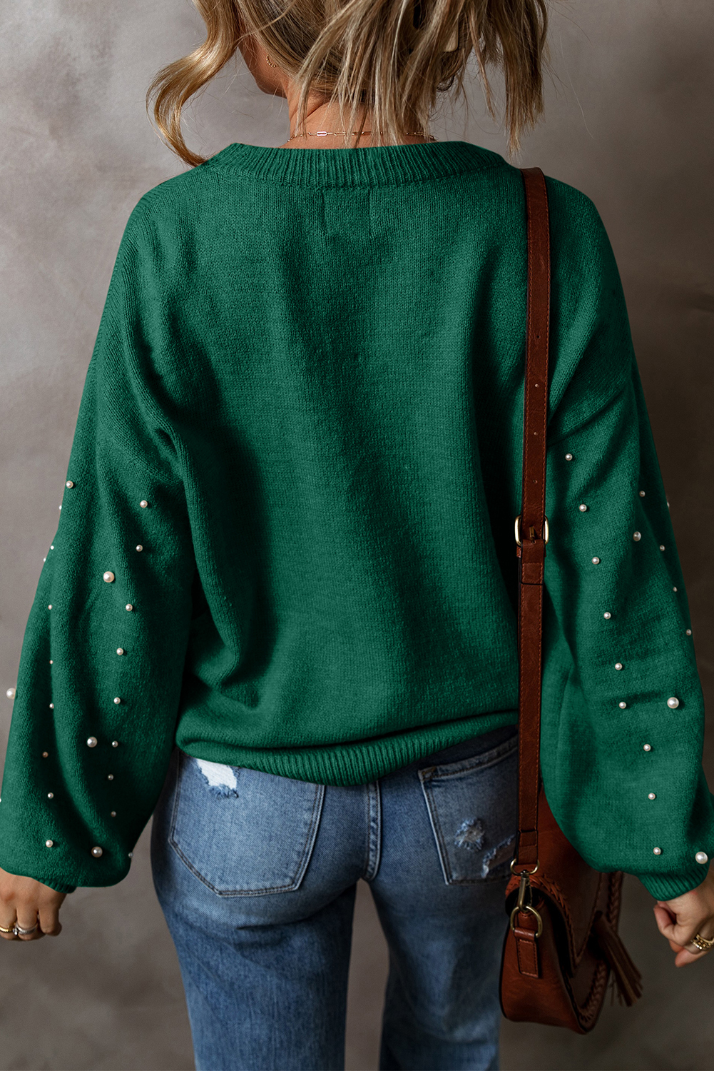 Evergreen Pearled Drop Shoulder Round Neck Sweater - loveforevers