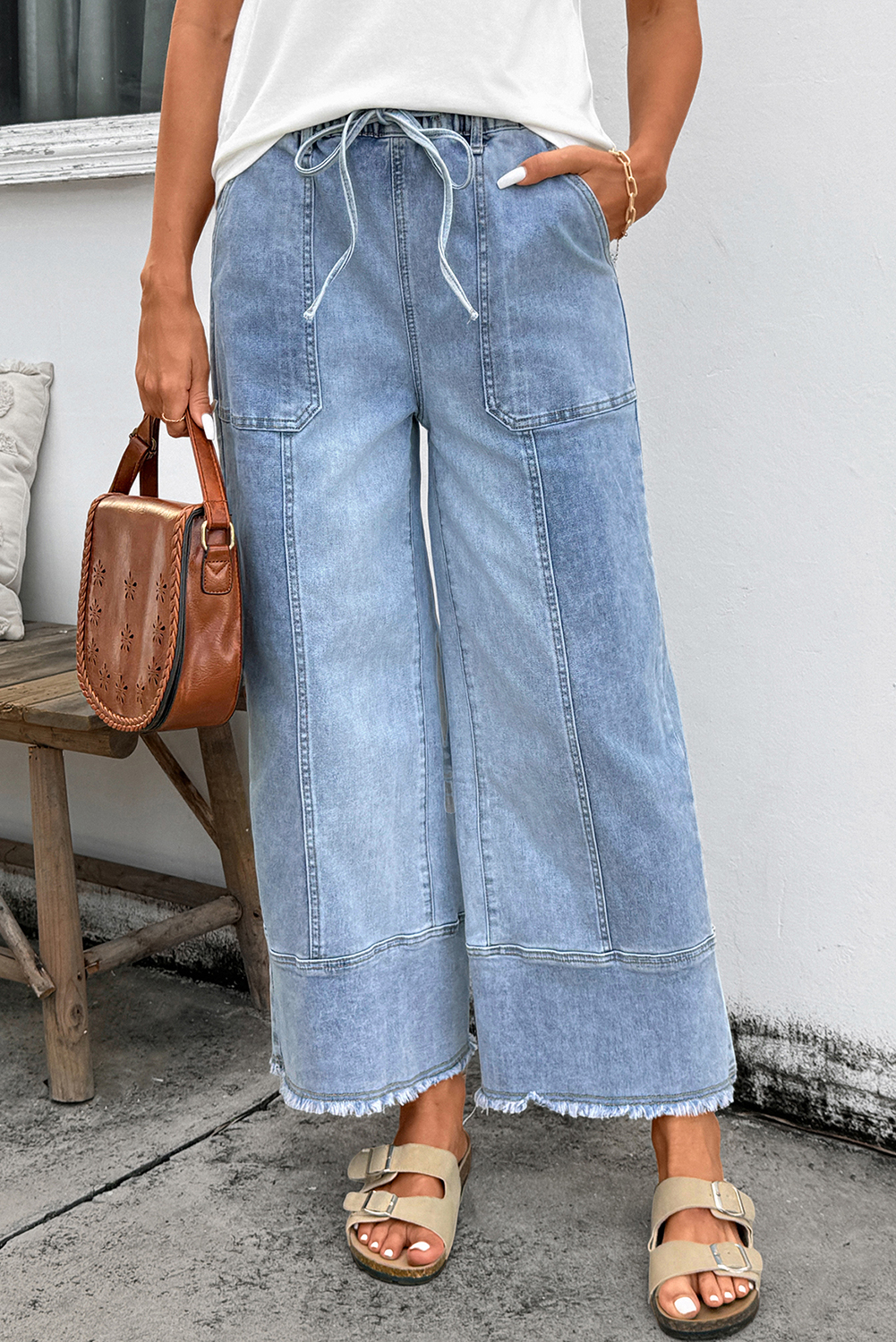 Beau Blue Drawstring Seam Detail Raw Hem Wide Leg Denim Pants - loveforevers