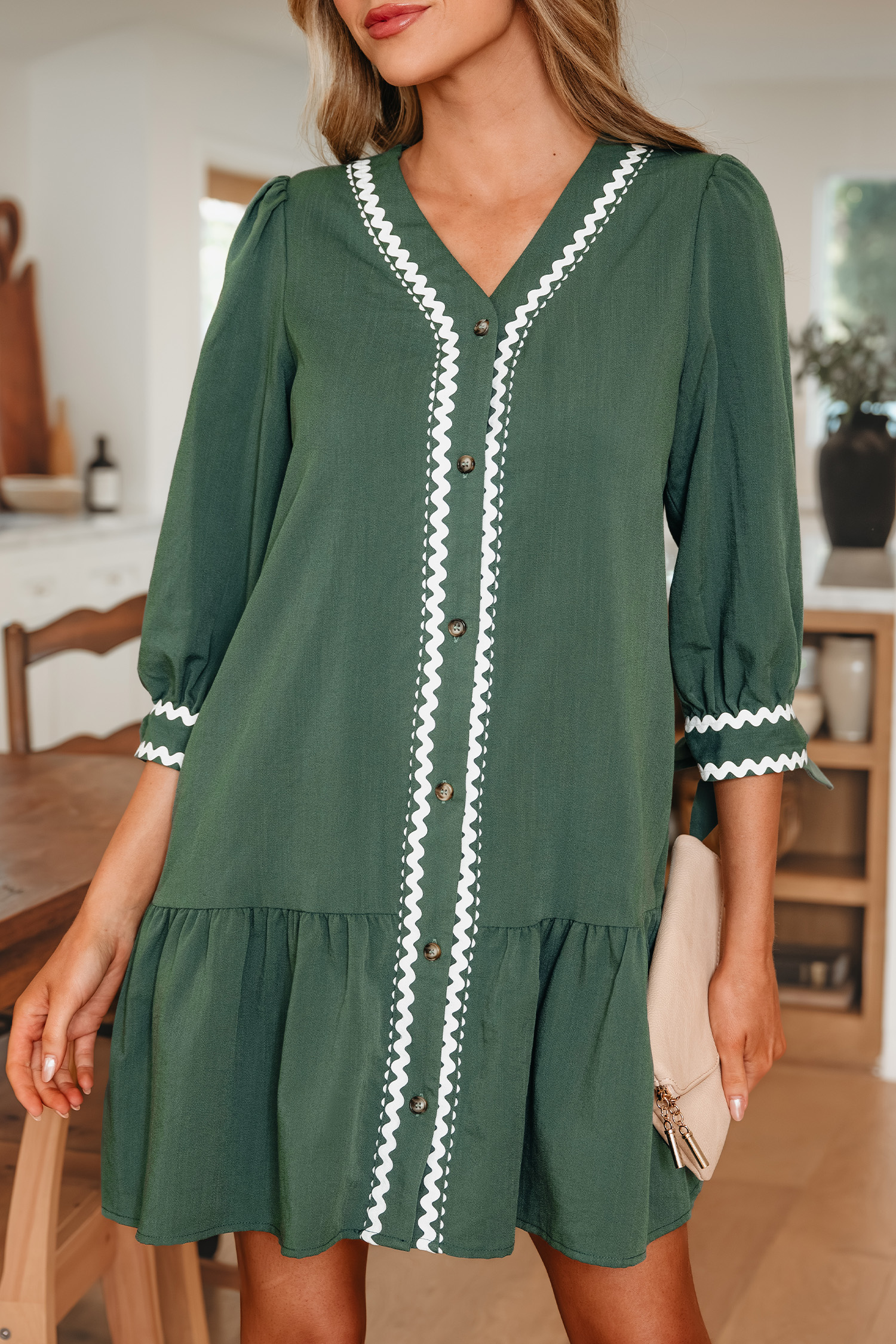 Canton Contrast Ricrac Trim Button V Neck Knotted Bracelet Sleeve Shift Dress - loveforevers